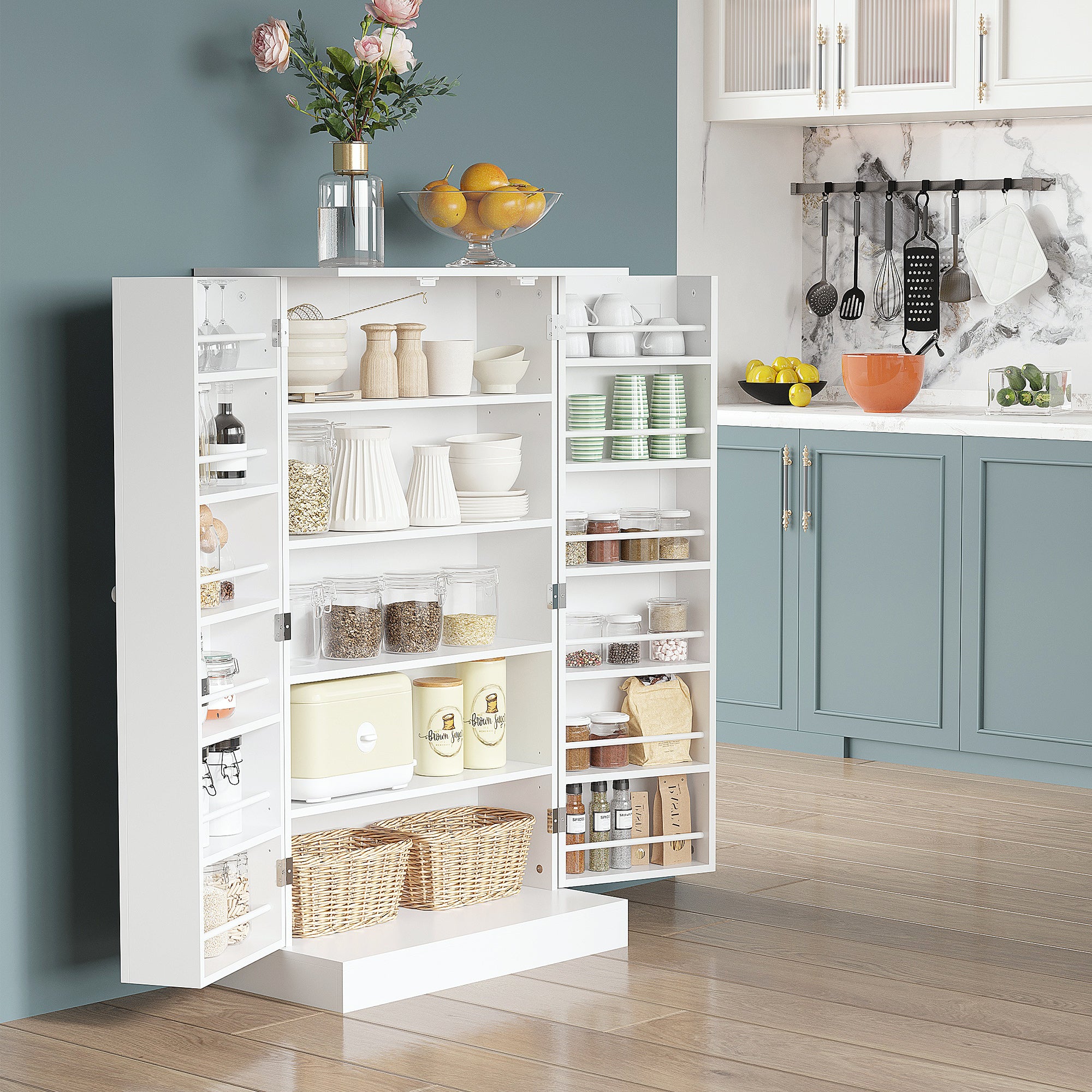 41" Modern Kitchen Pantry Freestanding Storage Cabinet with Double Doors Adjustable Shelves for Living Room - White