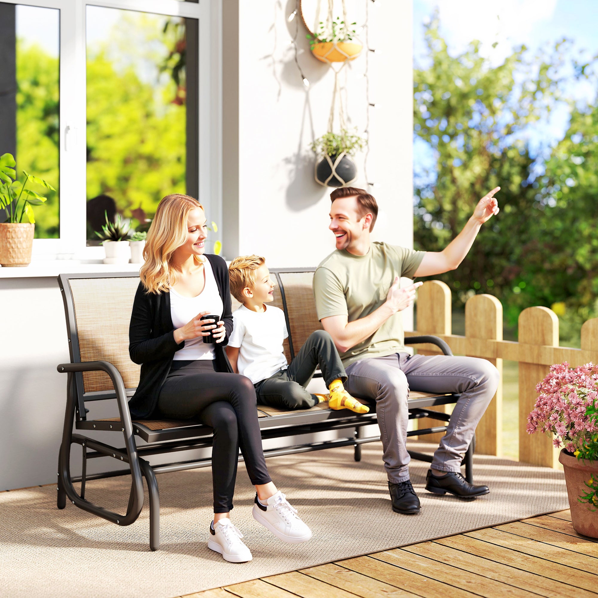 3-Person Outdoor Patio Glider Bench, Porch Glider Swing with 3 Seats, Breathable Mesh Fabric, Metal Frame, Brown