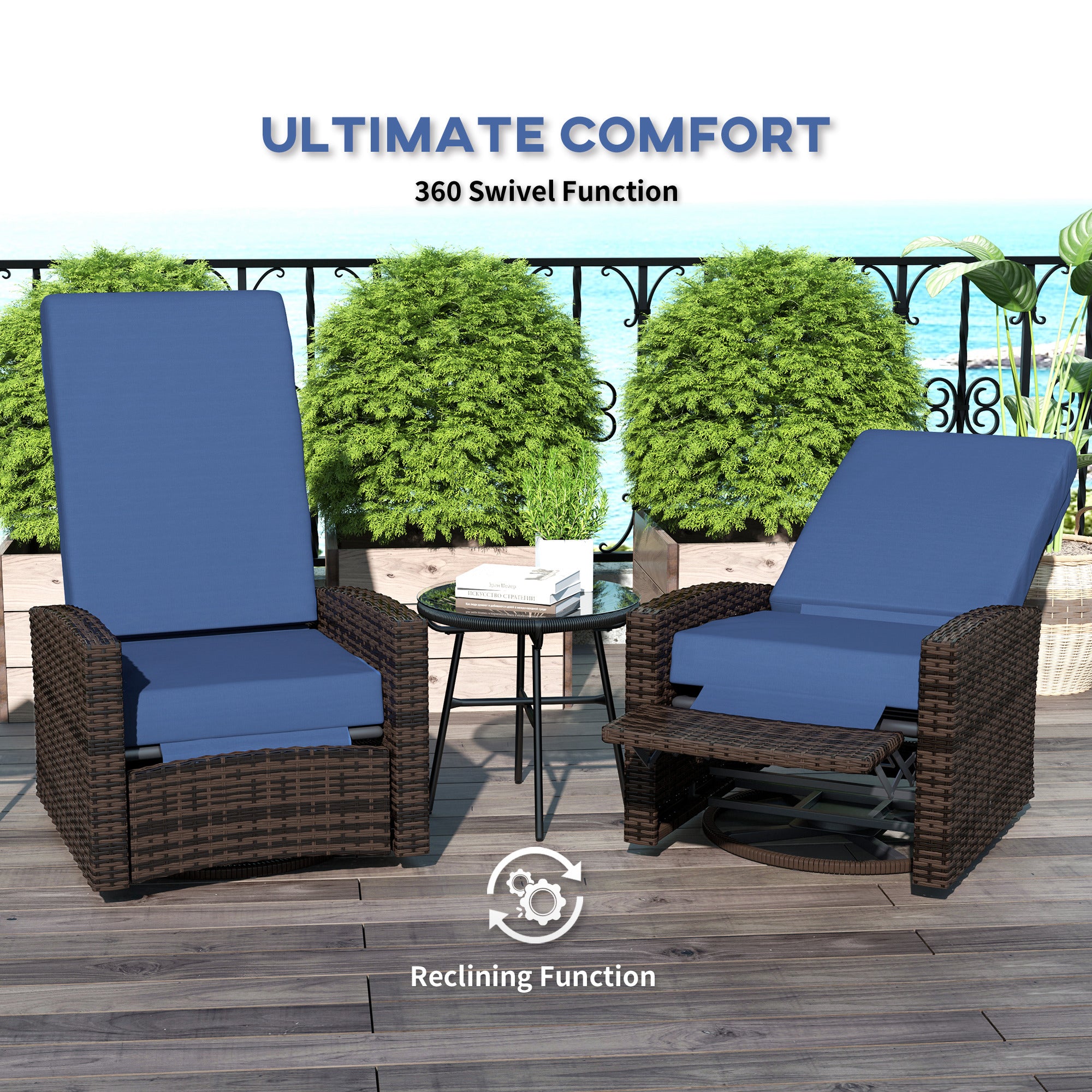 Outdoor Wicker Swivel Recliner Chair, Lifting Footrest, 360° Rotating Basic, Water-resistant Cushions, Dark Blue