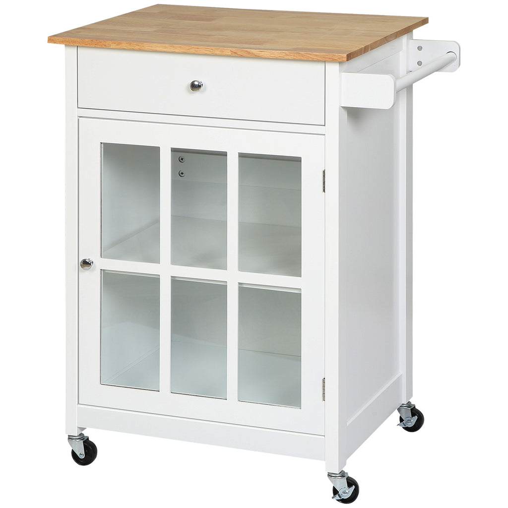 27" Rolling Kitchen Island Cart with Drawer and Glass Door Cabinet, Kitchen Trolley with Adjustable Shelf and Towel Rack, White