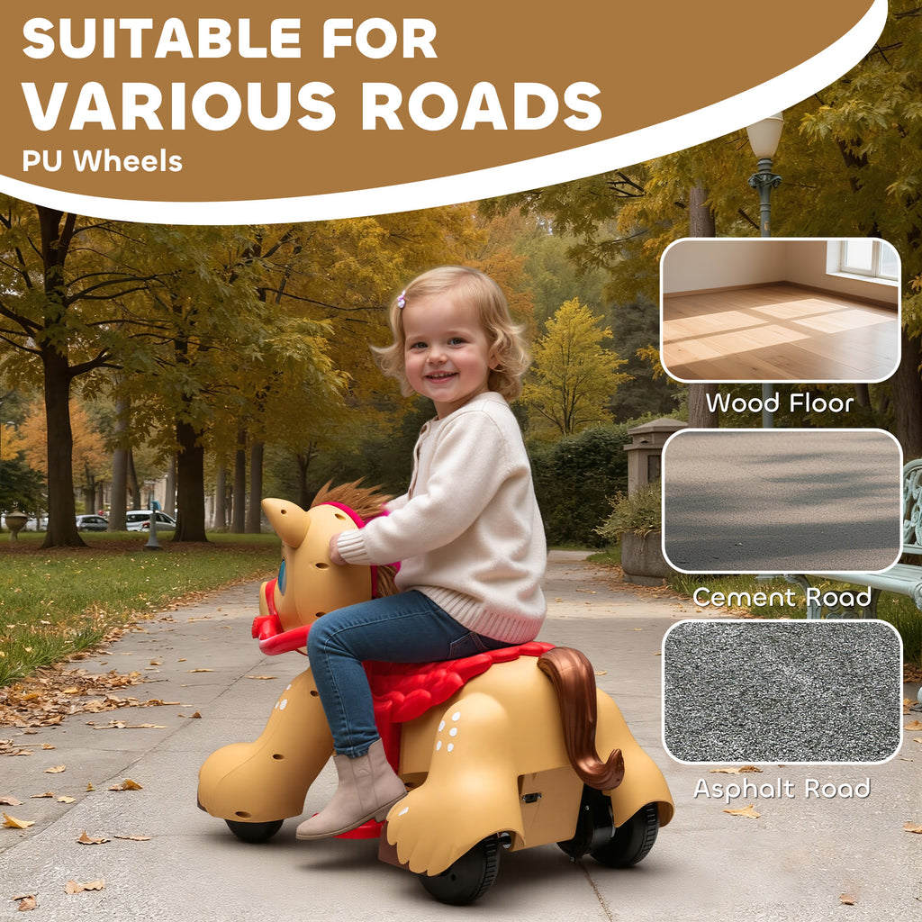 Ride On Horse Toy, 12V Battery Powered Ride on Toy with Carrot Toy, Comb and Sound, Electric Rocking Horse for Toddlers