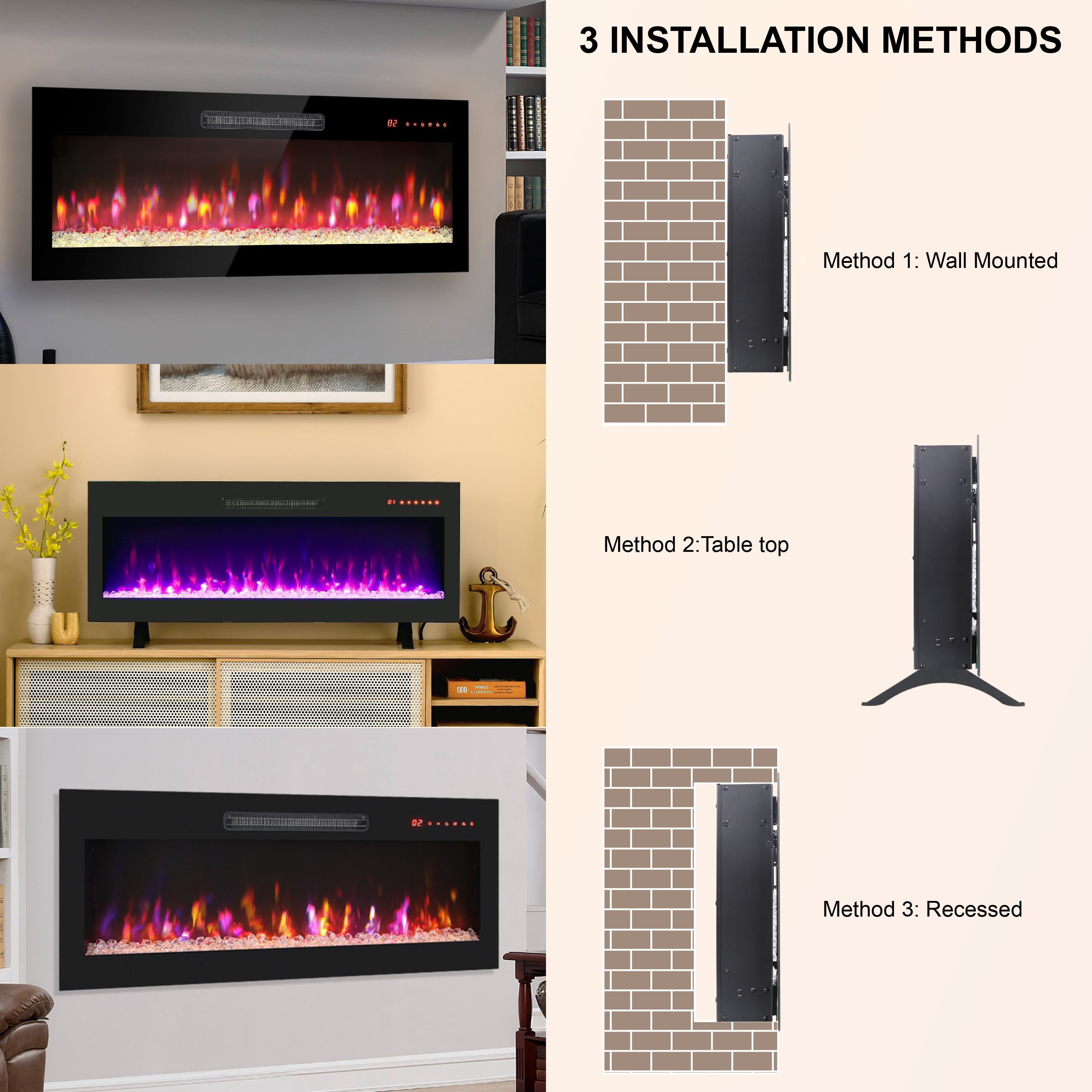 36" Remote Wall Mounted Electric Fireplace with Ultra Thin Tempered Glass Front, Multi-Color Flame, and LED Light Heater, Antique Black