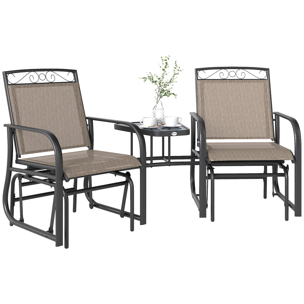 Outdoor Glider Chairs with Coffee Table, Patio 2-Seat Rocking Chair Swing with Breathable Sling for Backyard, Garden and Porch, Brown