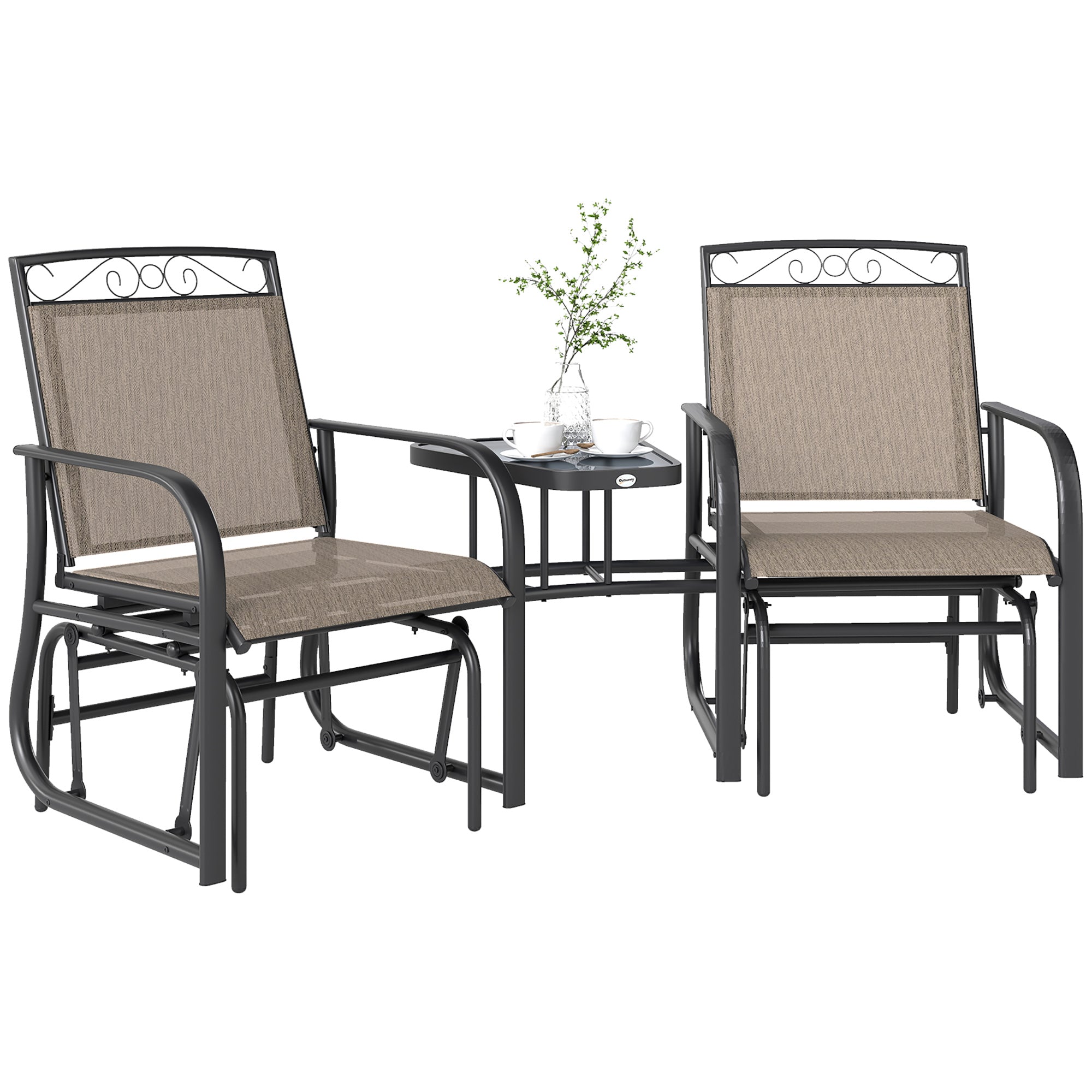 Outdoor Glider Chairs with Coffee Table, Patio 2-Seat Rocking Chair Swing with Breathable Sling for Backyard, Garden and Porch, Brown