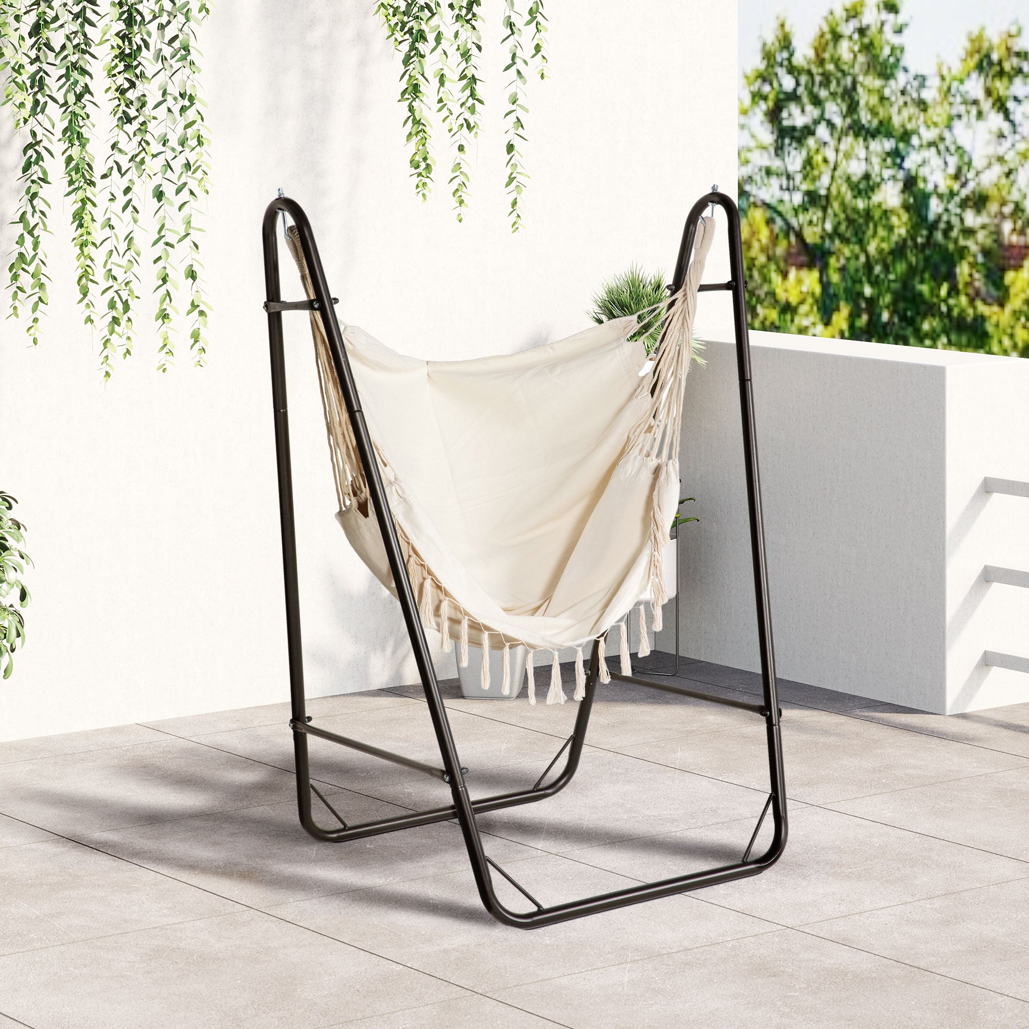 Hammock Chair with U Shape Stand, Hammock Swing Chair with A Side Pocket, Brown & Cream White