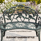 Outdoor Bench, Cast Aluminum Outdoor Furniture, Metal Bench with Floral Rose Accent & Antique Finish, Green