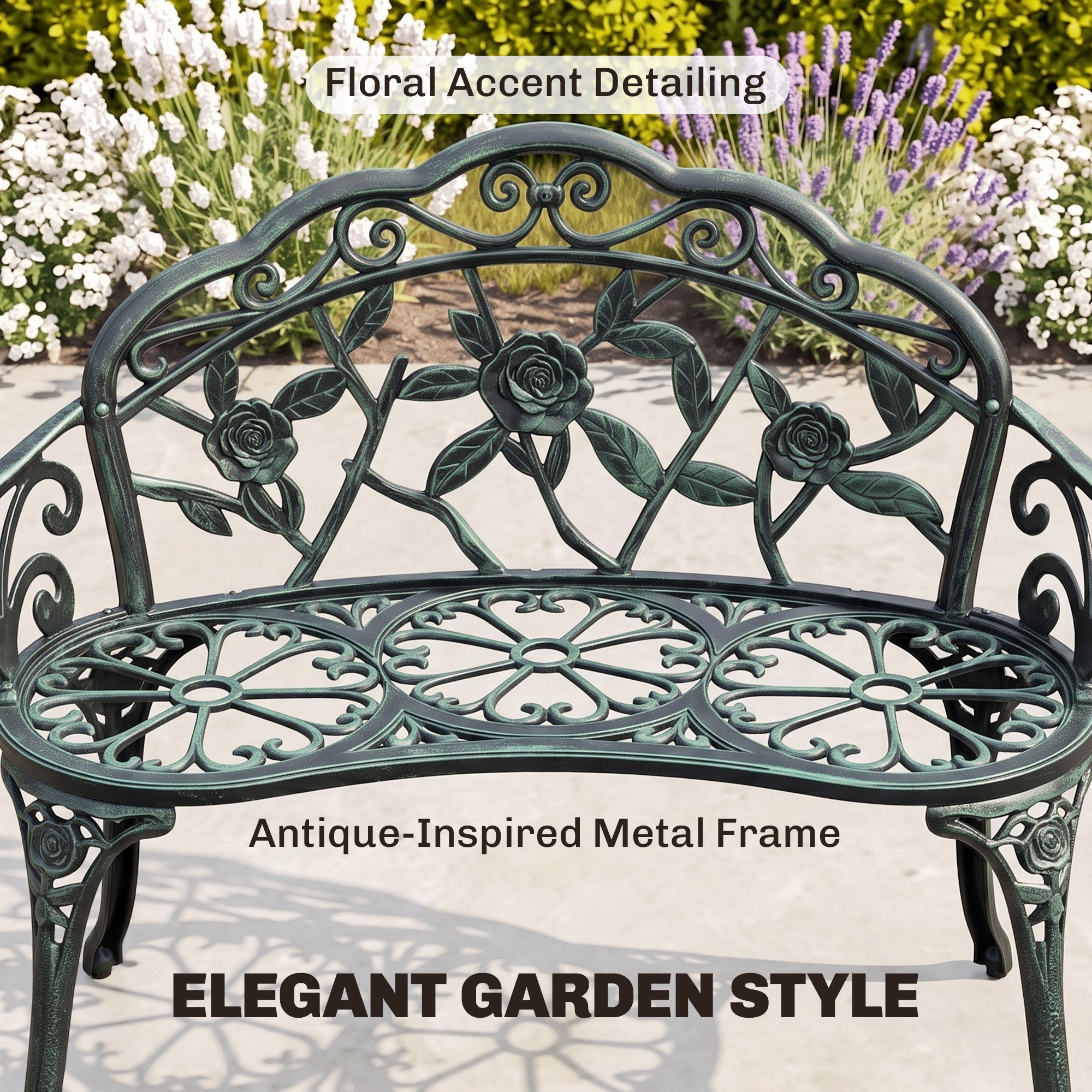 Outdoor Bench, Cast Aluminum Outdoor Furniture, Metal Bench with Floral Rose Accent & Antique Finish, Green