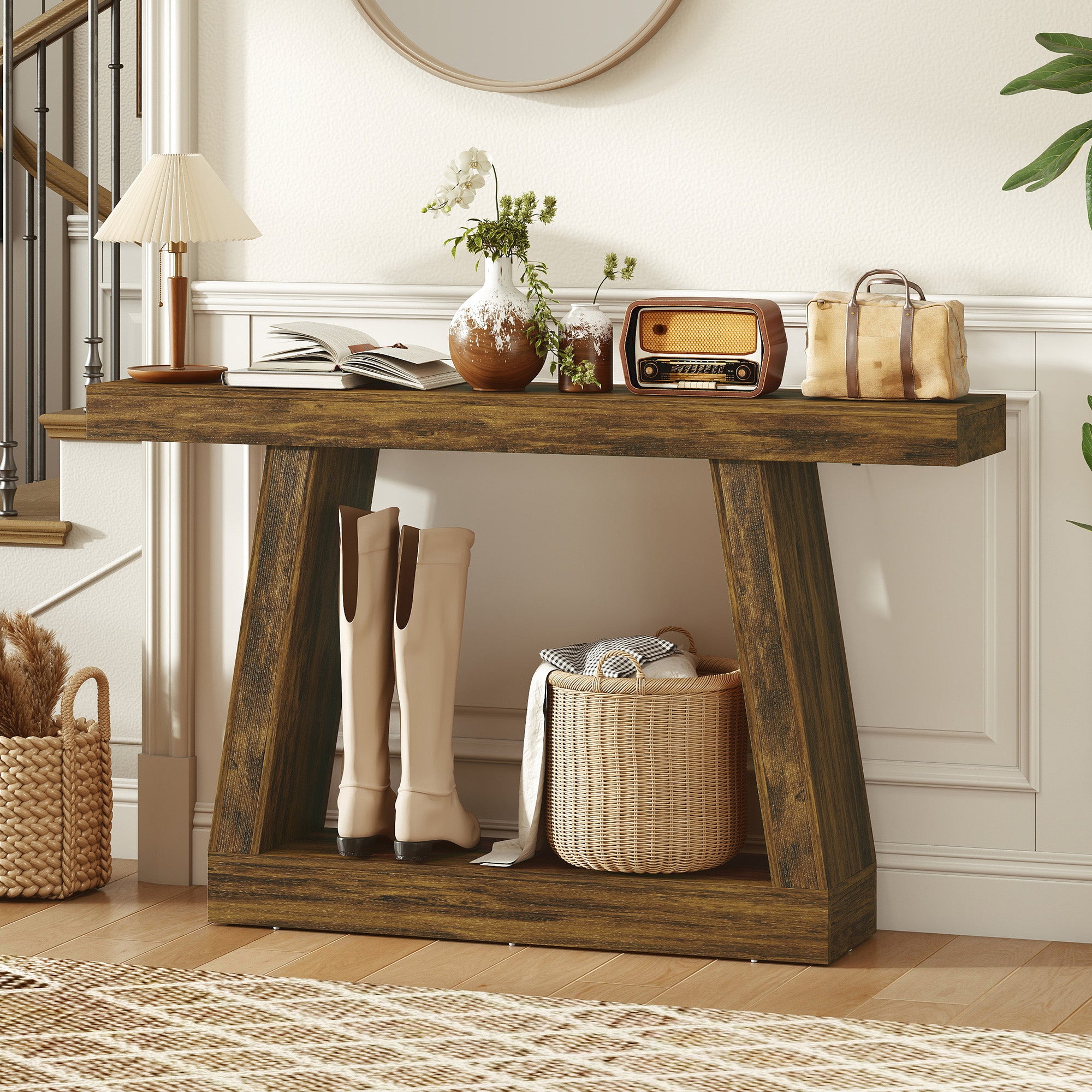 55" Farmhouse Console Table, 2-Tier Entryway Table with Storage for Hallway, Living Room, Behind Couch, Rustic Brown