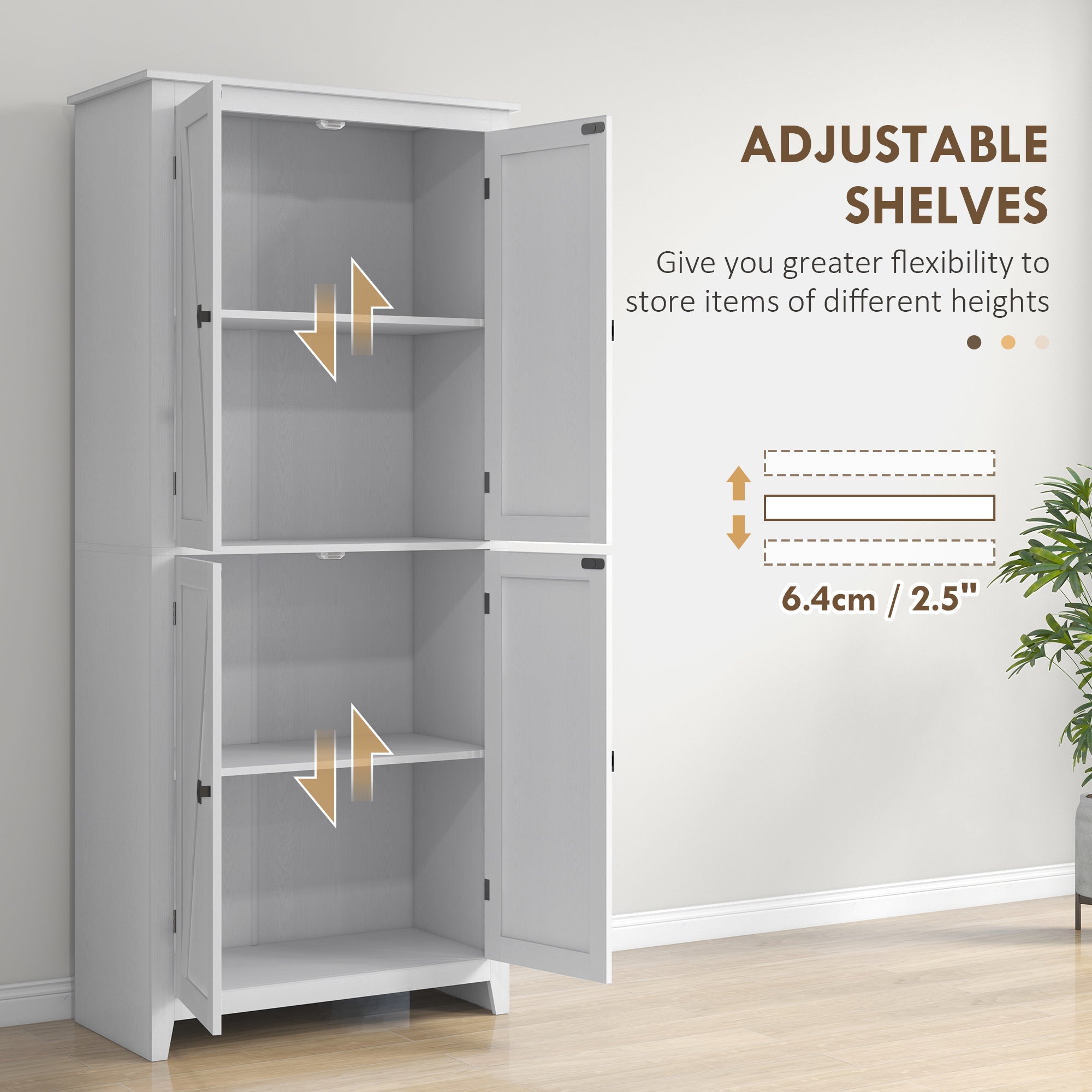 72" Freestanding Kitchen Pantry Cabinet, Farmhouse Tall Storage Cabinet with 4 Door Cabinets and Adjustable Shelves for Dining Room, White