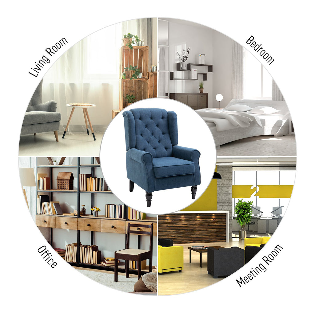 Fabric Tufted Club Accent Chair with Wooden Legs, Blue