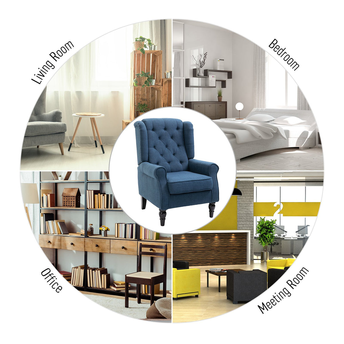 Fabric Tufted Club Accent Chair with Wooden Legs, Blue