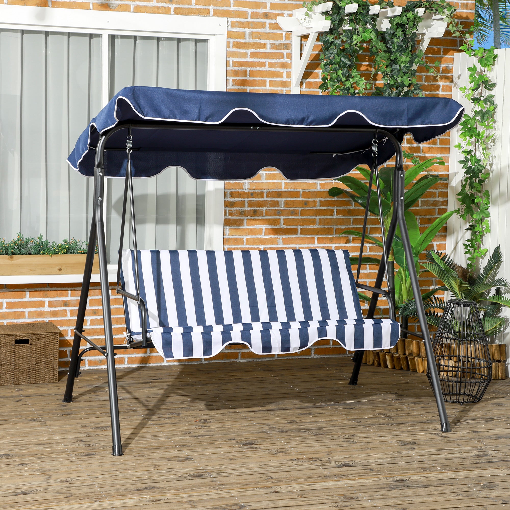 3-Seat Outdoor Patio Swing Chair with Cushion, Steel Frame Stand, Adjustable Tilt Canopy for Patio, Garden, Dark Blue