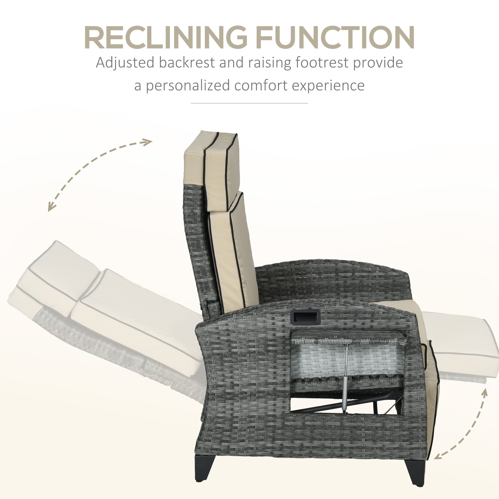 Outdoor Recliner Chair with Cushions, Reclining Patio Lounge Chair with Adjustable Footrest, Armrests, Tray Table, Khaki