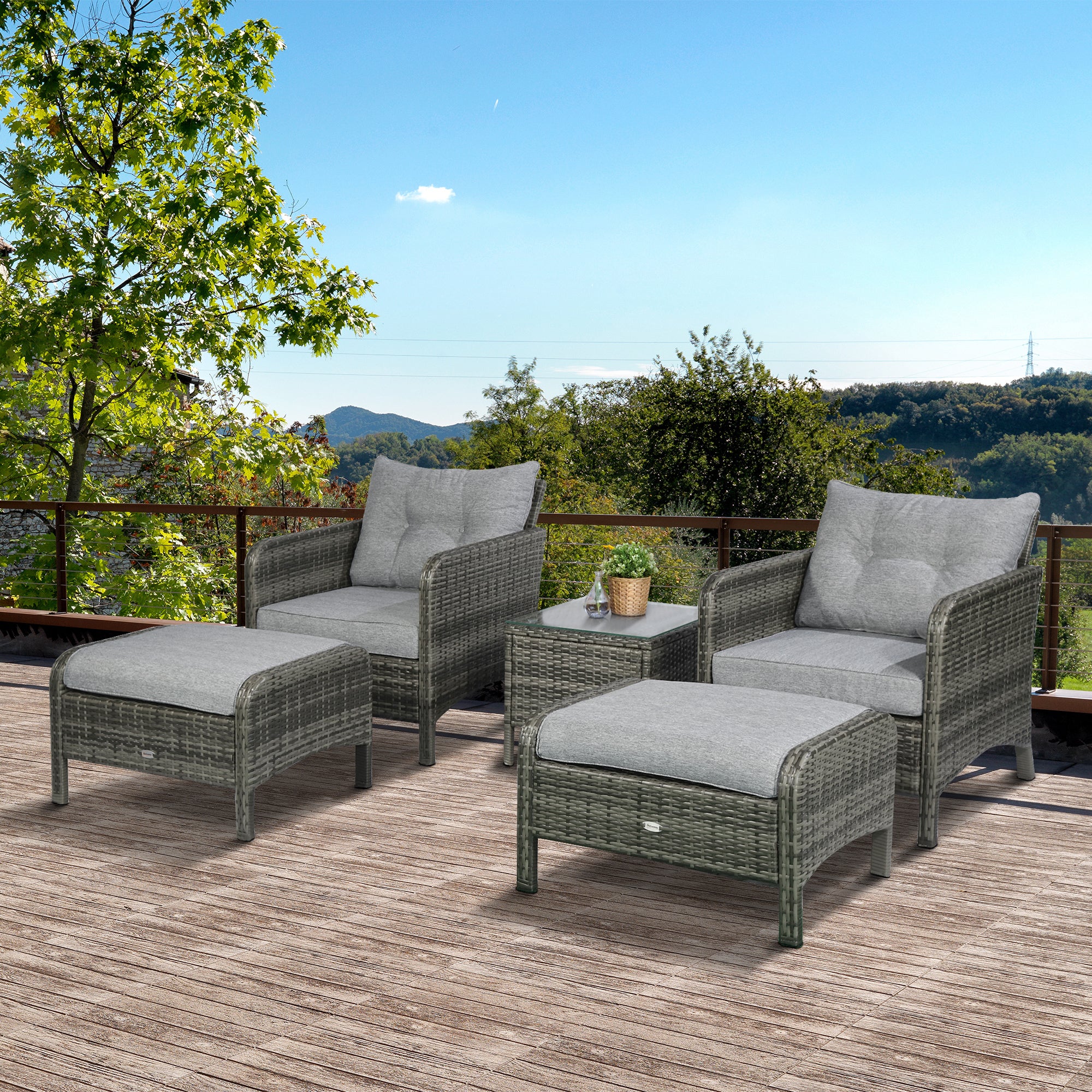 5 Pieces Rattan Wicker Lounge Chair Outdoor Patio Conversation Set with 2 Cushioned Chairs, 2 Ottomans and Tempered Glass Top Coffee Table, Gray/Light Gray