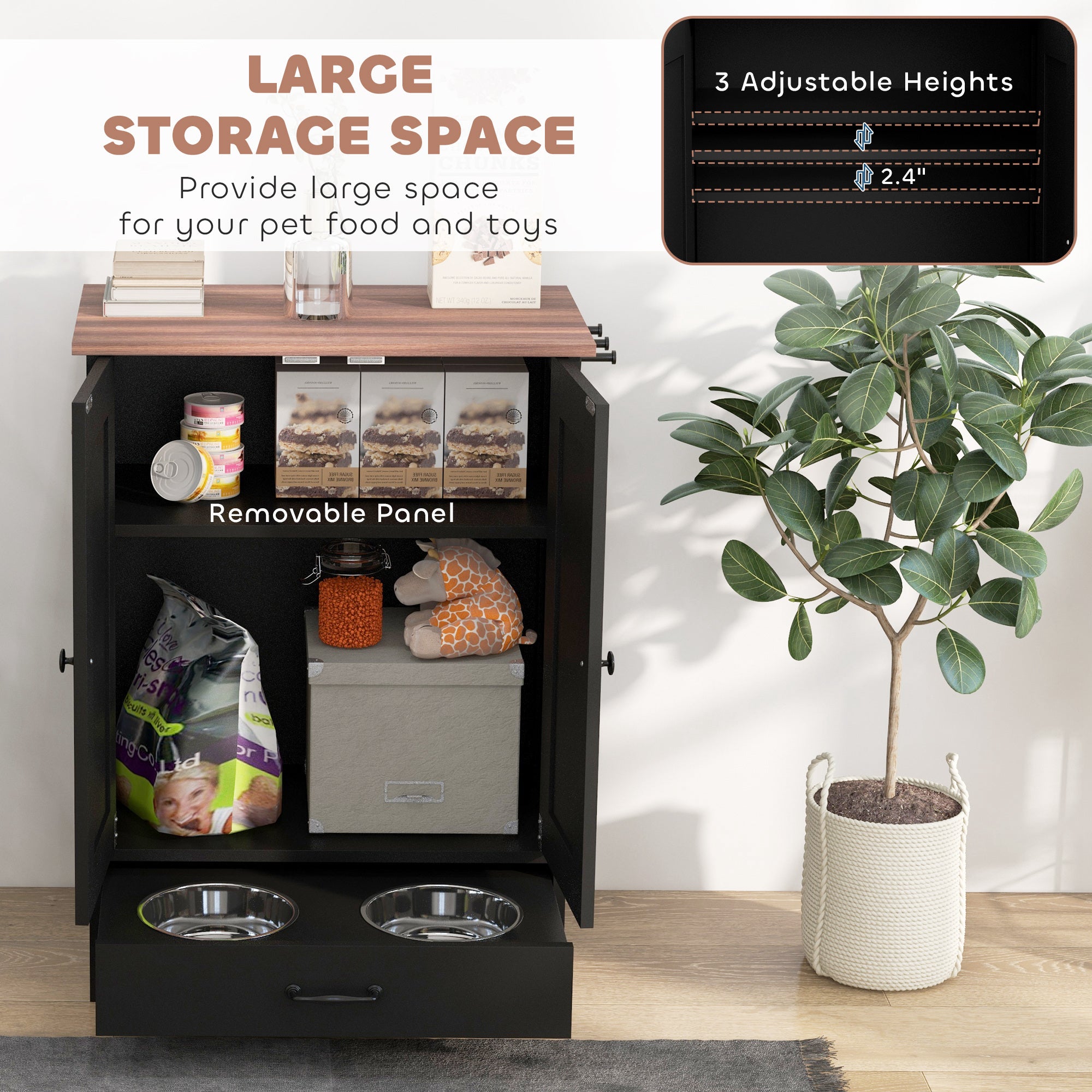 Pet Feeding Station, Dog Food Storage Cabinet w/ Raised Dog Bowls, Adjustable Panel, Hooks for Medium Dogs, Black