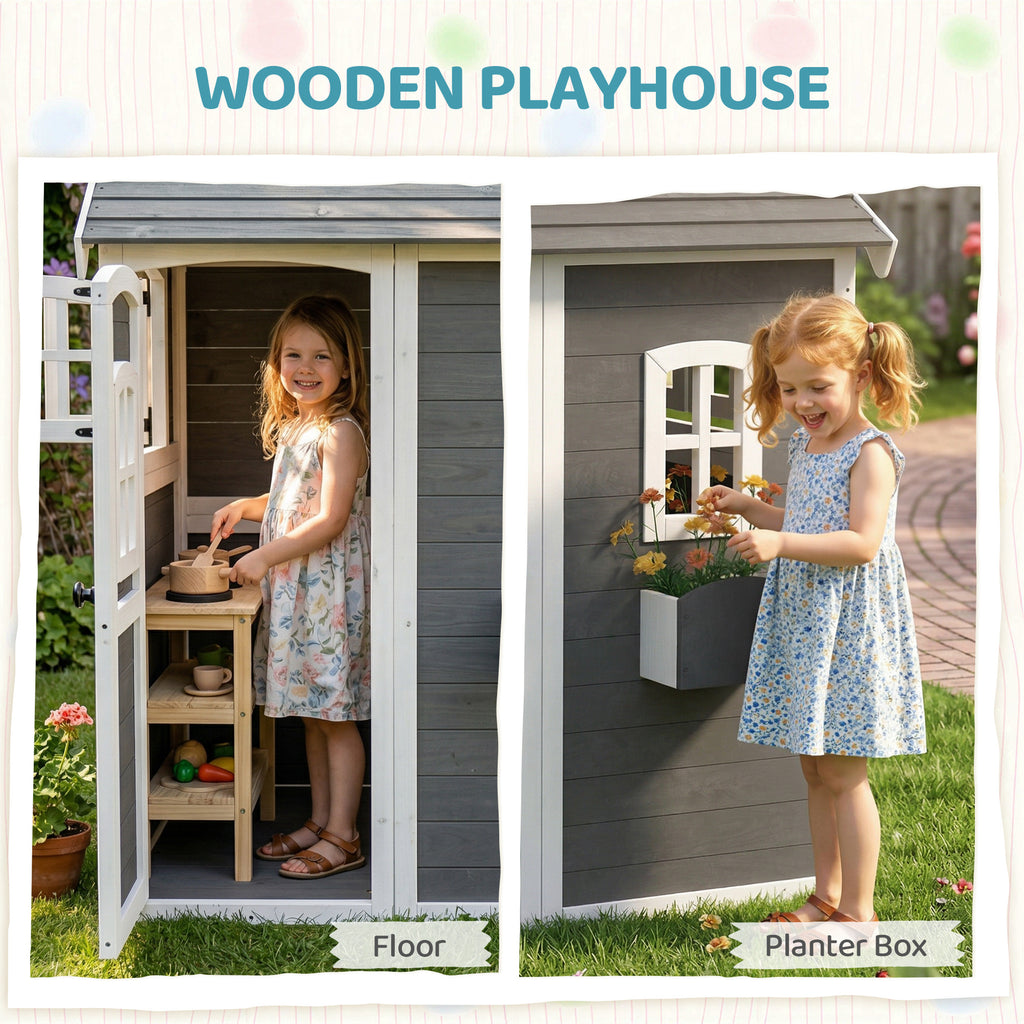 Outdoor Wooden Playhouse for Kids with Floor, Door, Windows, Planter Box for 3-8 Years Old, Backyard, Lawn, Garden