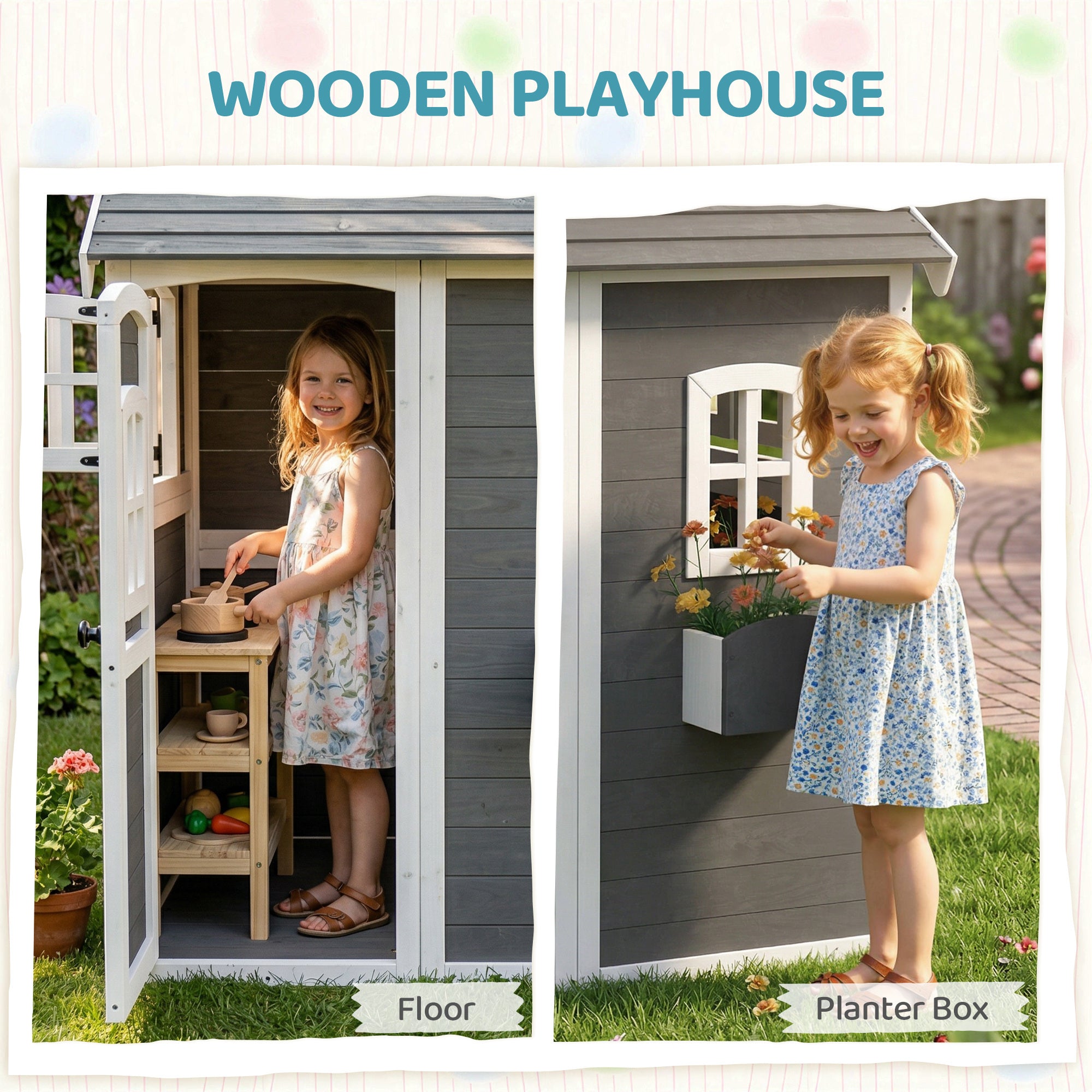 Outdoor Wooden Playhouse for Kids with Floor, Door, Windows, Planter Box for 3-8 Years Old, Backyard, Lawn, Garden