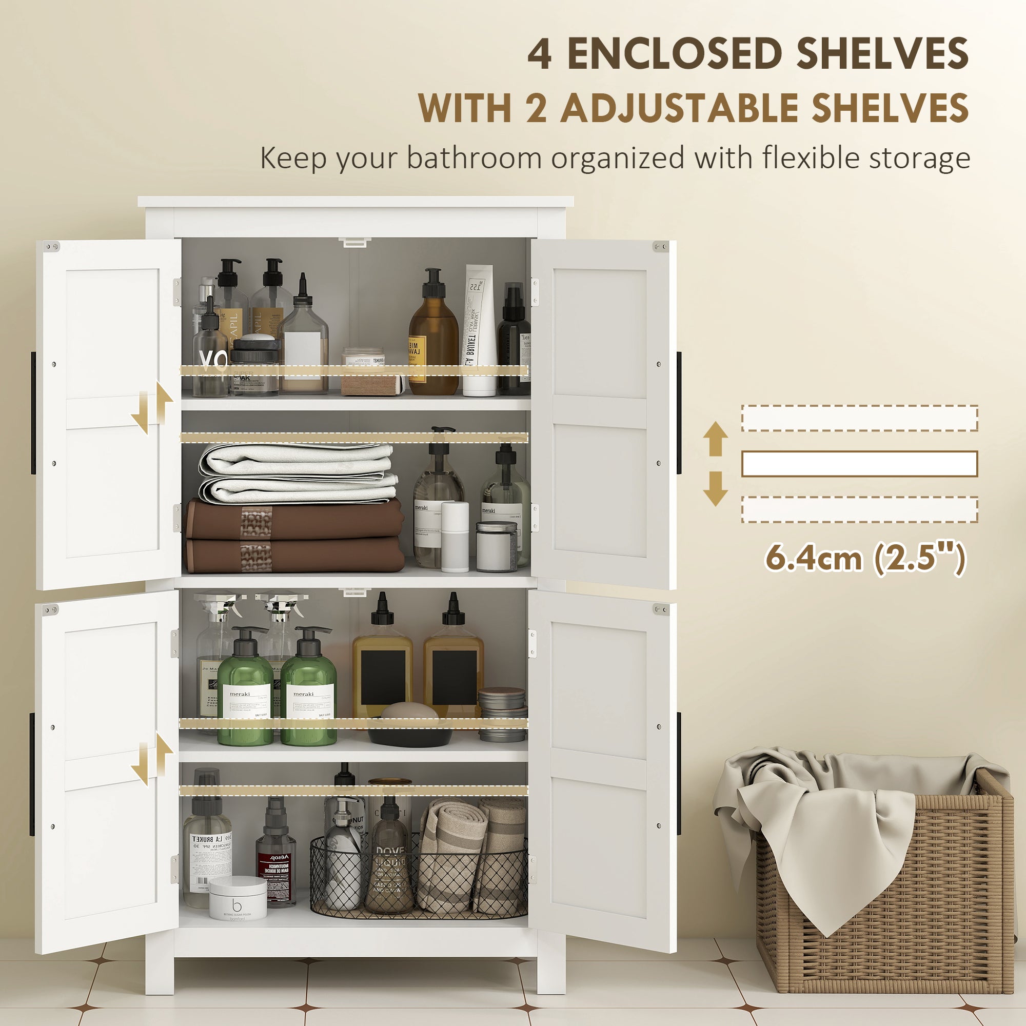 Bathroom Floor Storage Cabinet, Farmhouse Bathroom Cabinet with 4 Doors and Adjustable Shelf, White