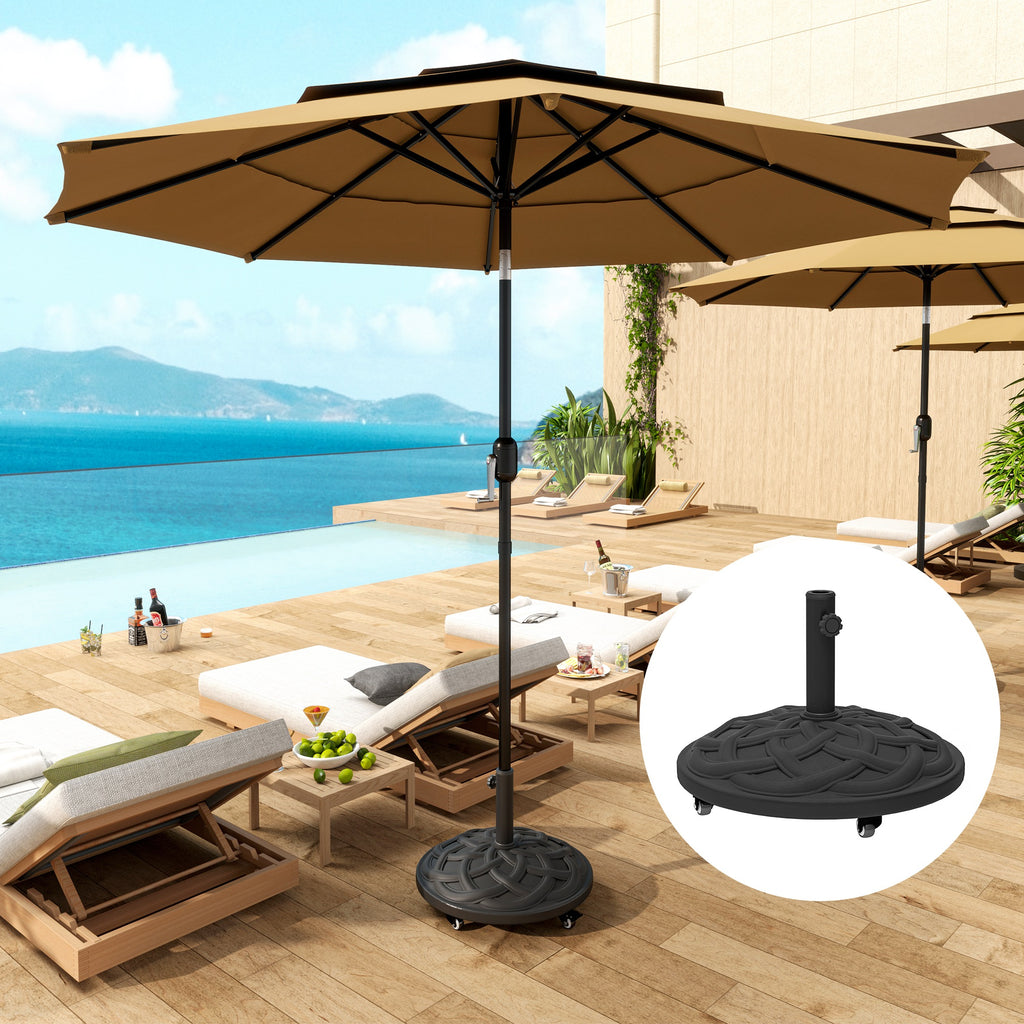 Round Patio Umbrella Base with Wheels, 44 lbs Resin Umbrella Stand Base, Heavy Duty Patio Umbrella Holder for 1.3"/1.5"/1.9" Umbrella Poles for Outdoor, Lawn, Poolside, Black