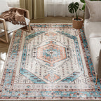 4x6 Area Rug, Vintage Machine Washable Rug, Non-Slip Floor Carpet for Living Room, Bedroom, Dining Room, Brown and Blue