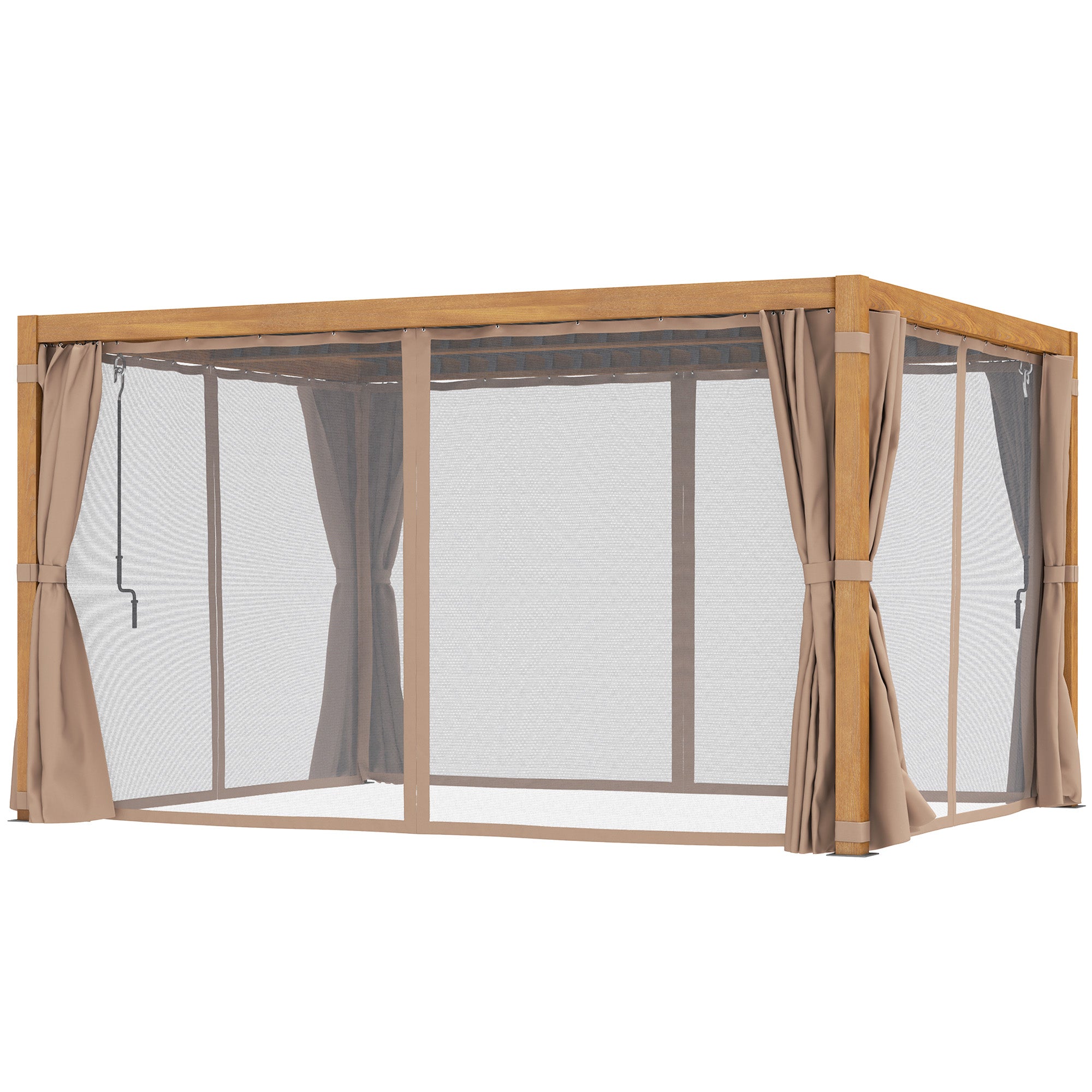 10' x 13' Outdoor Retractable Pergola w/ Sun Shade Louvered Top, Pergola w/ Canopy, Curtains, Netting, Natural Wood
