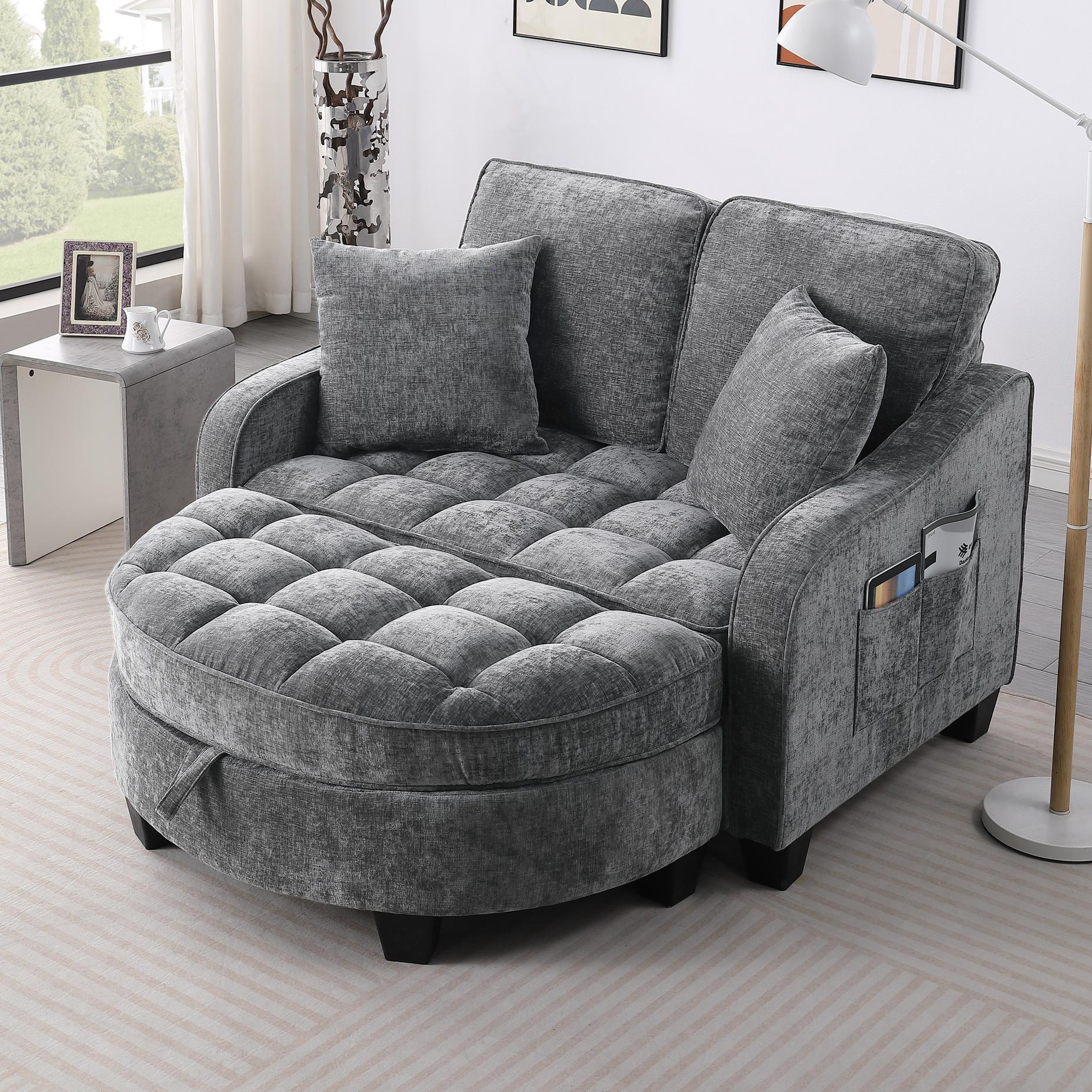 2-Seater Sofa Chaise Lounge with Irregular Curved Armrests, Ergonomic Backrest, Footrest with 2 Throw Pillows, 42.5" L x 32.5" W x 36.5" H, Grey