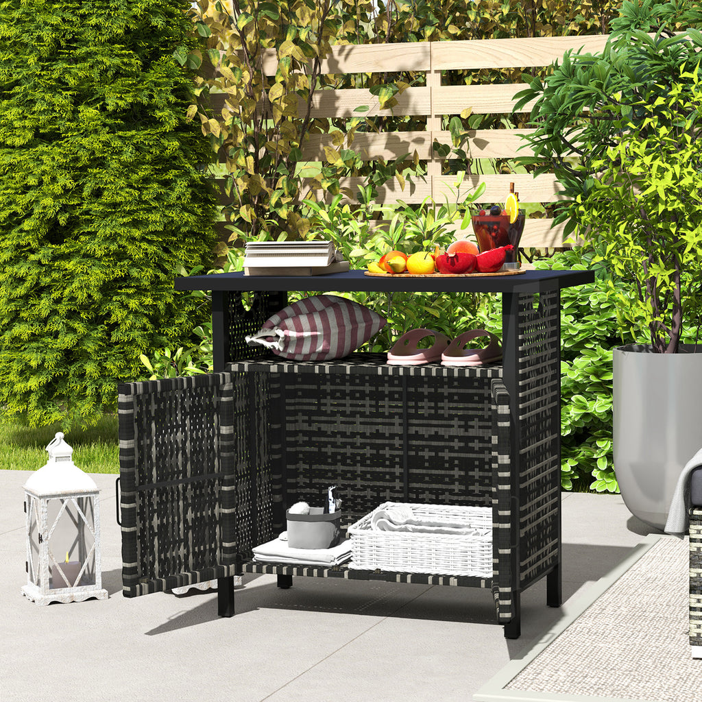 Outdoor Pool Towel Storage Cabinet Organizer, Outdoor Bar Table with Shelf and Cabinet, Pool Towel Holder Pool Valet with Weather-Resistant PE Rattan and Steel Frame, Mixed-Gray