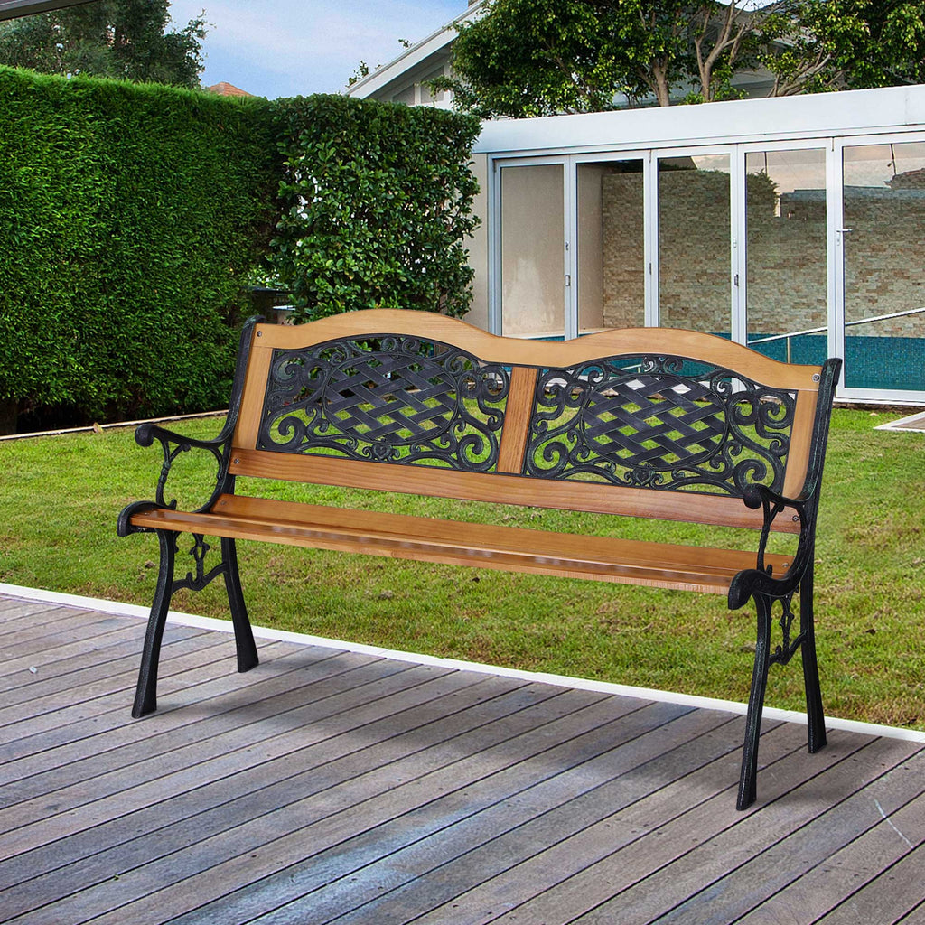 50" Outdoor Garden Bench, Park Patio Bench Loveseat, Wood & Metal Frame with Plastic Flourish Backrest, Natural Wood