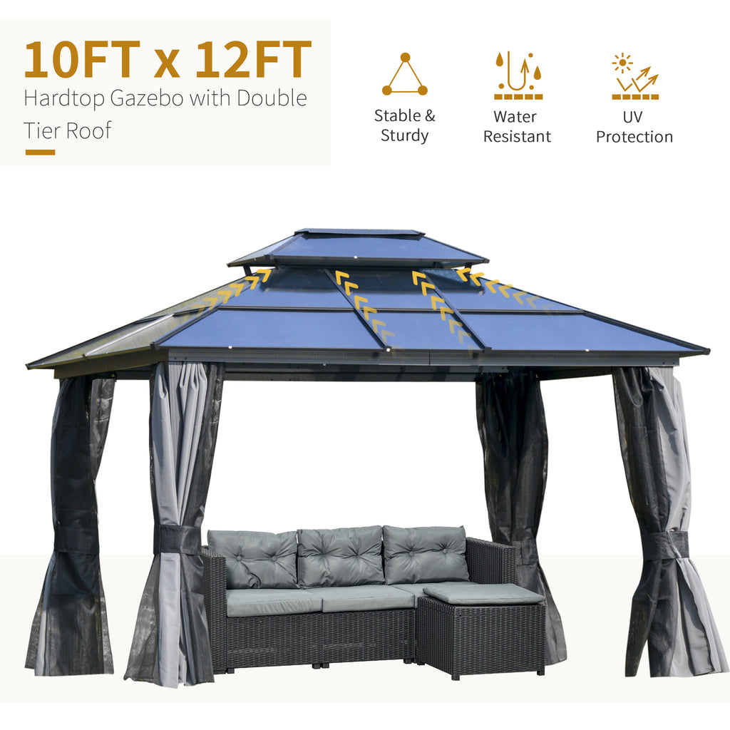 10' x 12' Hardtop Gazebo Canopy with Polycarbonate Roof, Aluminum Frame, Permanent Pavilion Outdoor Gazebo with Netting, for Patio, Garden, Backyard, Deck, Lawn, Light Gray