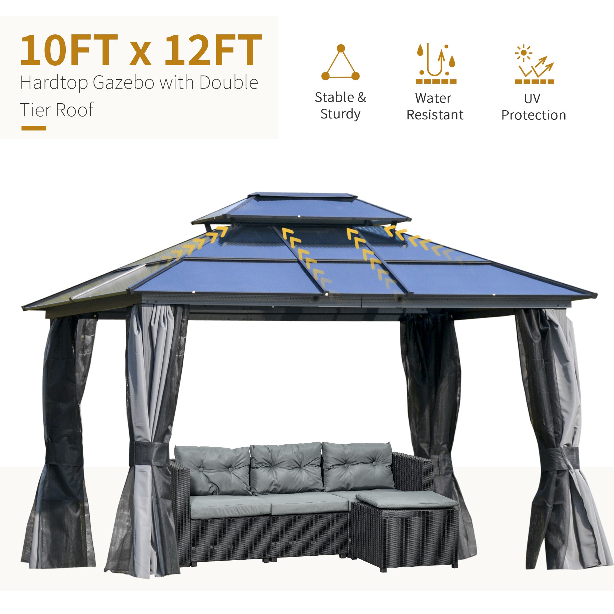 10' x 12' Hardtop Gazebo Canopy with Polycarbonate Roof, Aluminum Frame, Permanent Pavilion Outdoor Gazebo with Netting, for Patio, Garden, Backyard, Deck, Lawn, Light Gray