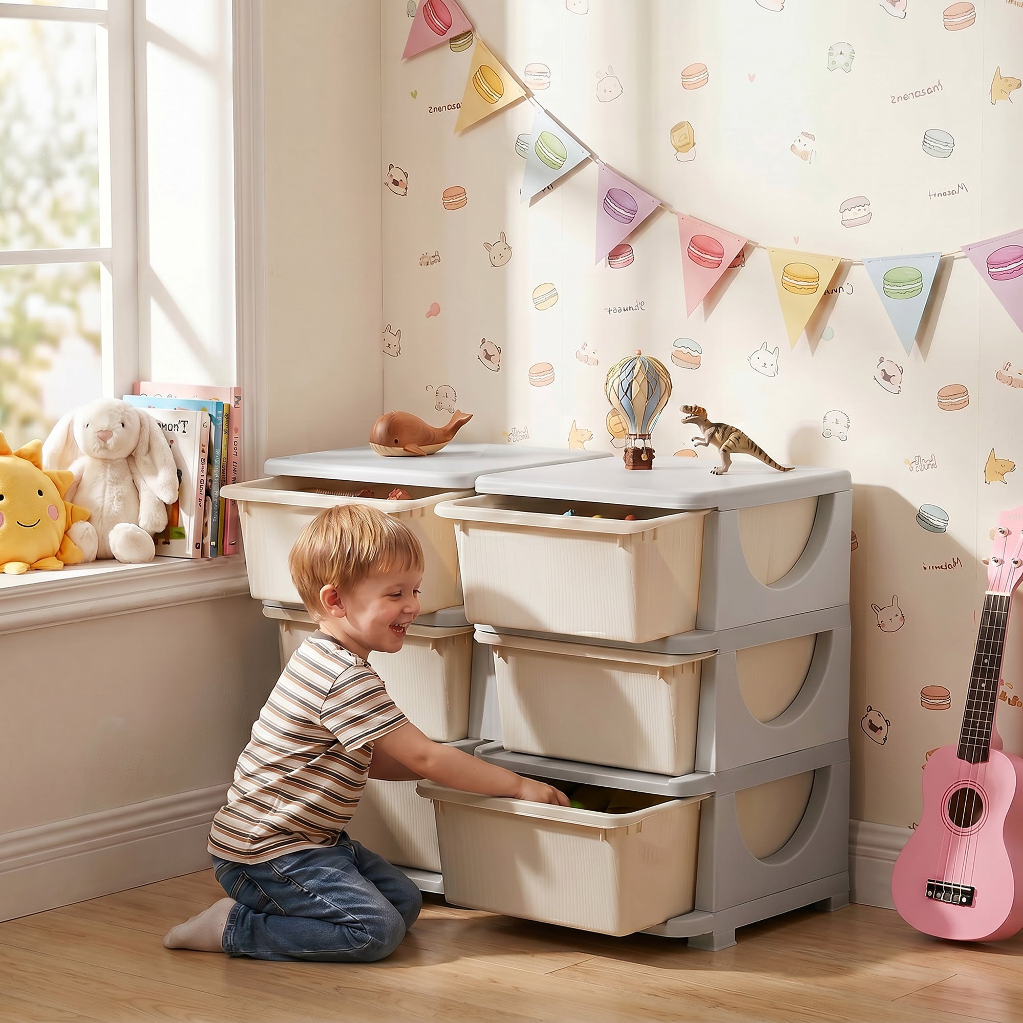 3 Tier Kids Storage Organizer with 6 Drawers for Bedroom, Nursery, Kindergarten, Living Room, Boys and Girls, Cream