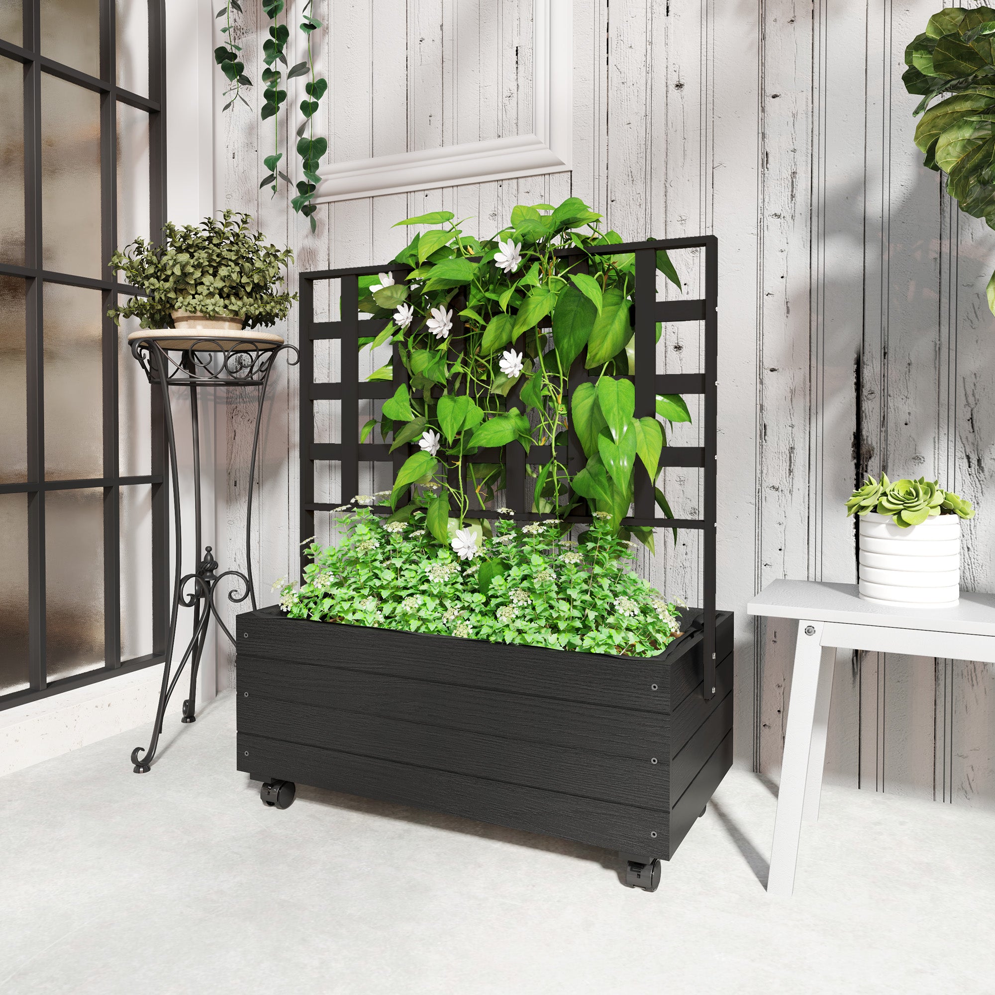 Raised Garden Bed with Trellis and Wheels, Outdoor Planter Wooden Elevated Garden Bed for Garden, Patio, Balcony