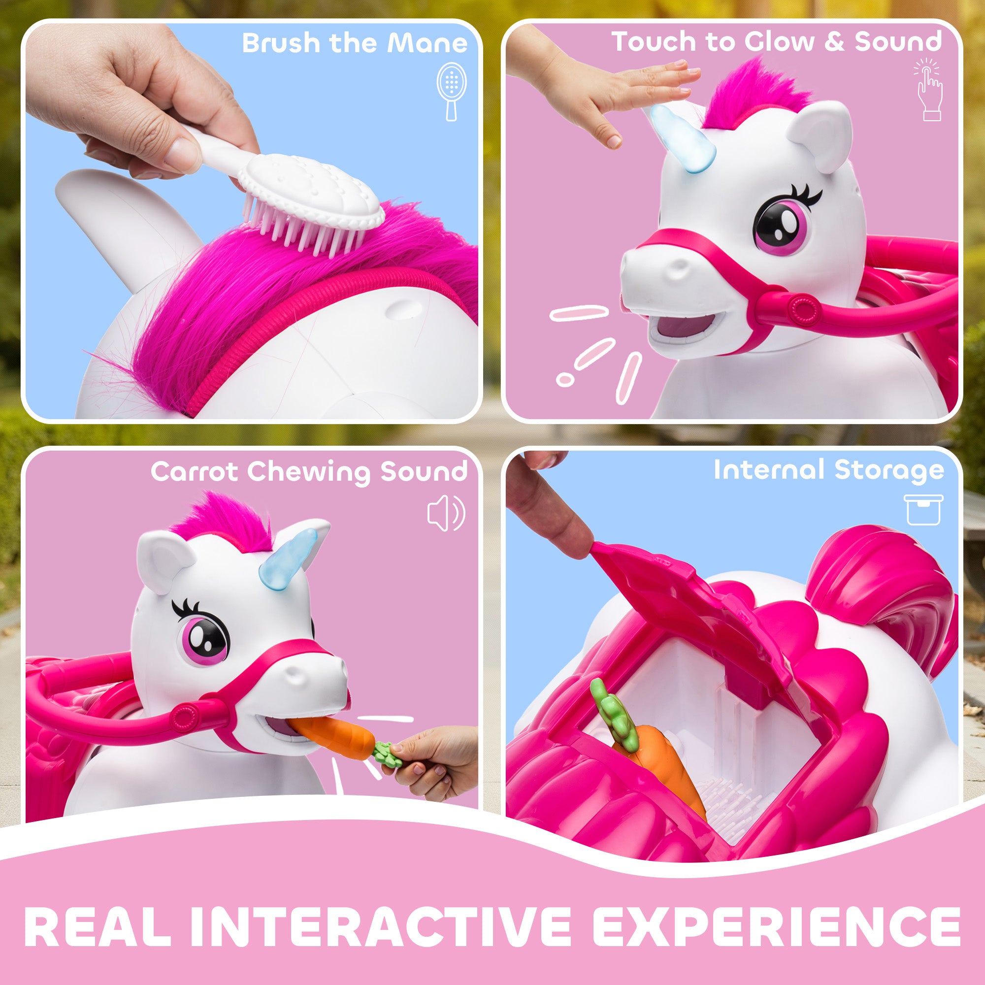 12V Unicorn Ride on Horse with Carrot Toy, Comb, Animal Sounds, for Girls Boys Aged 1.5-3 Years Old