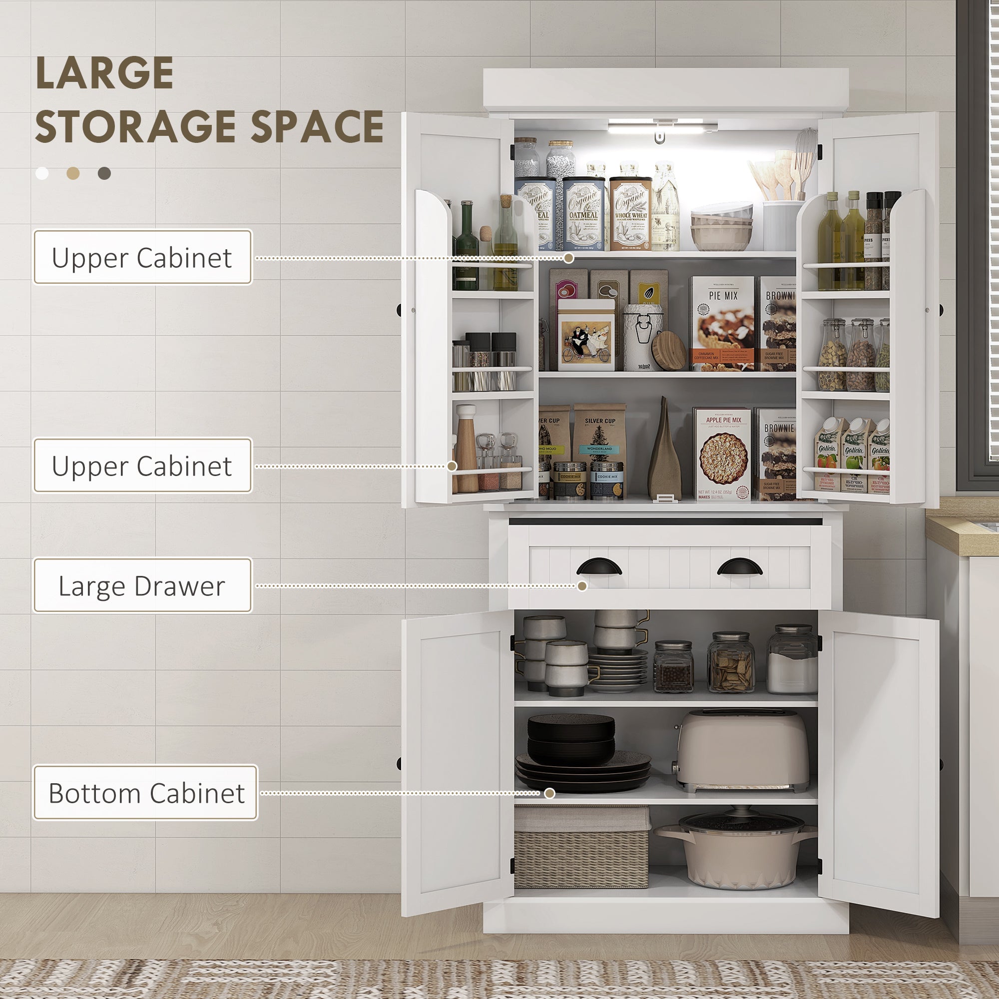 71" Kitchen Pantry Cabinet with LED Lights, 6 Door Shelves, a Drawer and 4 Adjustable Shelves, White