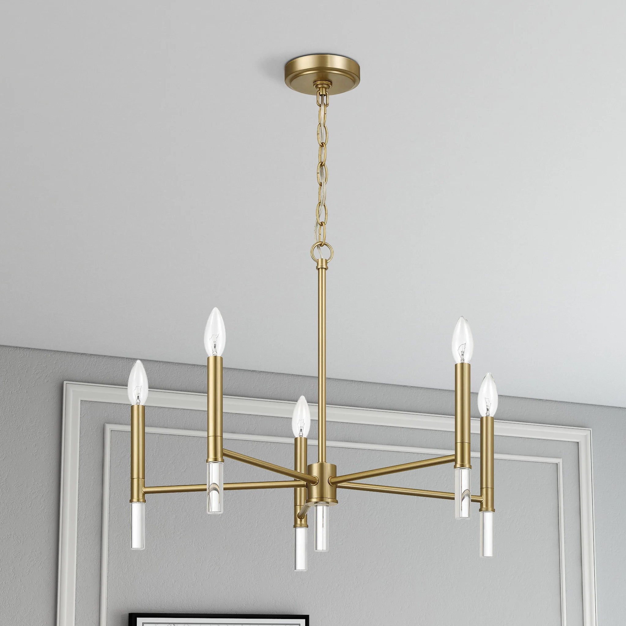 Courtyard Five Light Candle Light Chandelier with Elegant Design, Golden Brass Finish, 24" W x 24" L x 18" H, Clear+Gold
