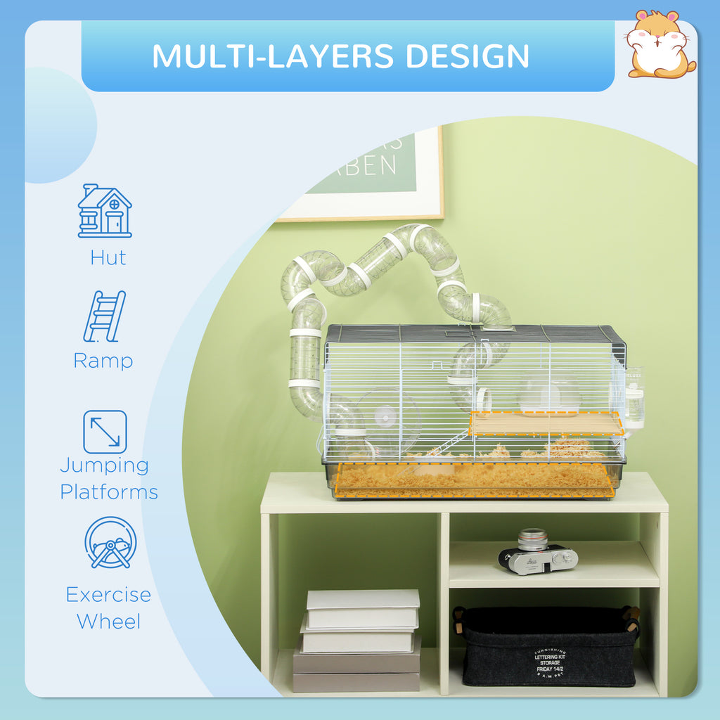 Small Animal Cage for Gerbil or Dwarf Hamster w/ Tubes, Exercise Wheel, Food Dish, Water Bottle, 23" x 13" x 12", Gray