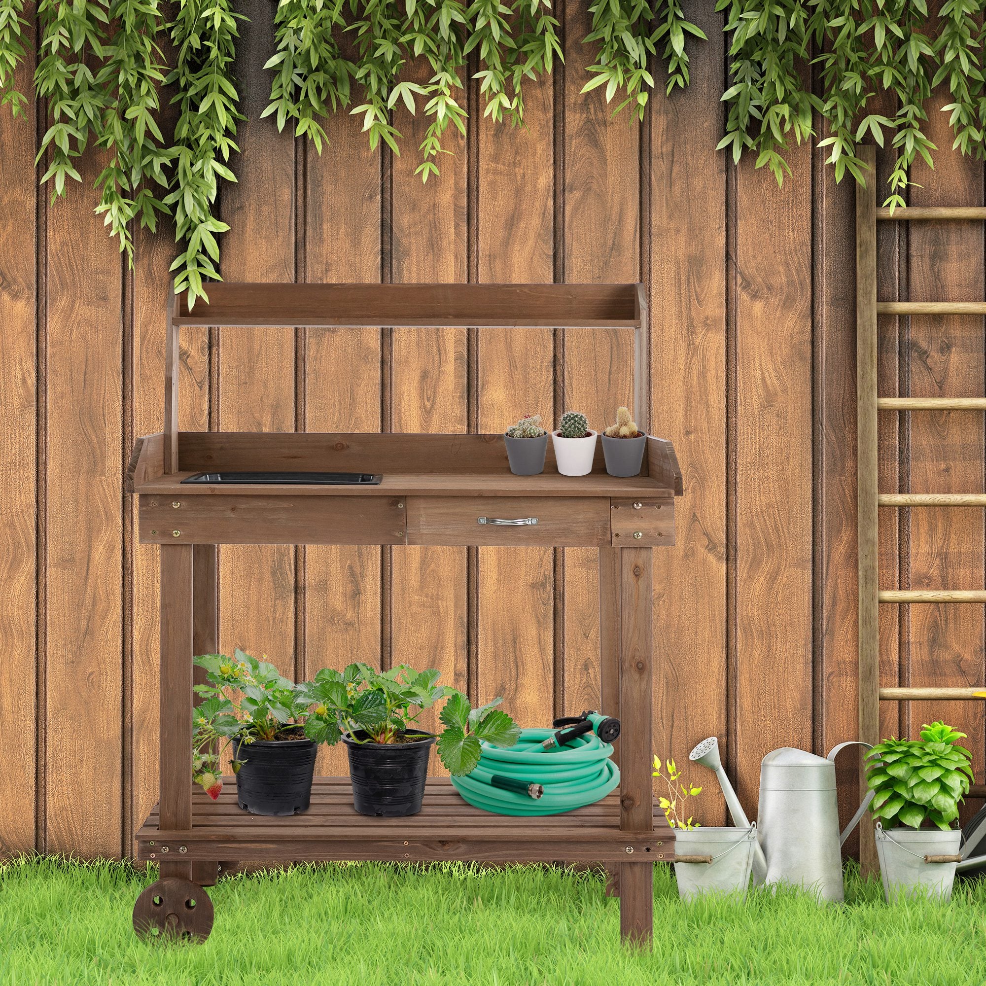 36'' Wooden Potting Bench Work Table with 2 Removable Wheels, Sink, Drawer & Large Storage Spaces, Brown
