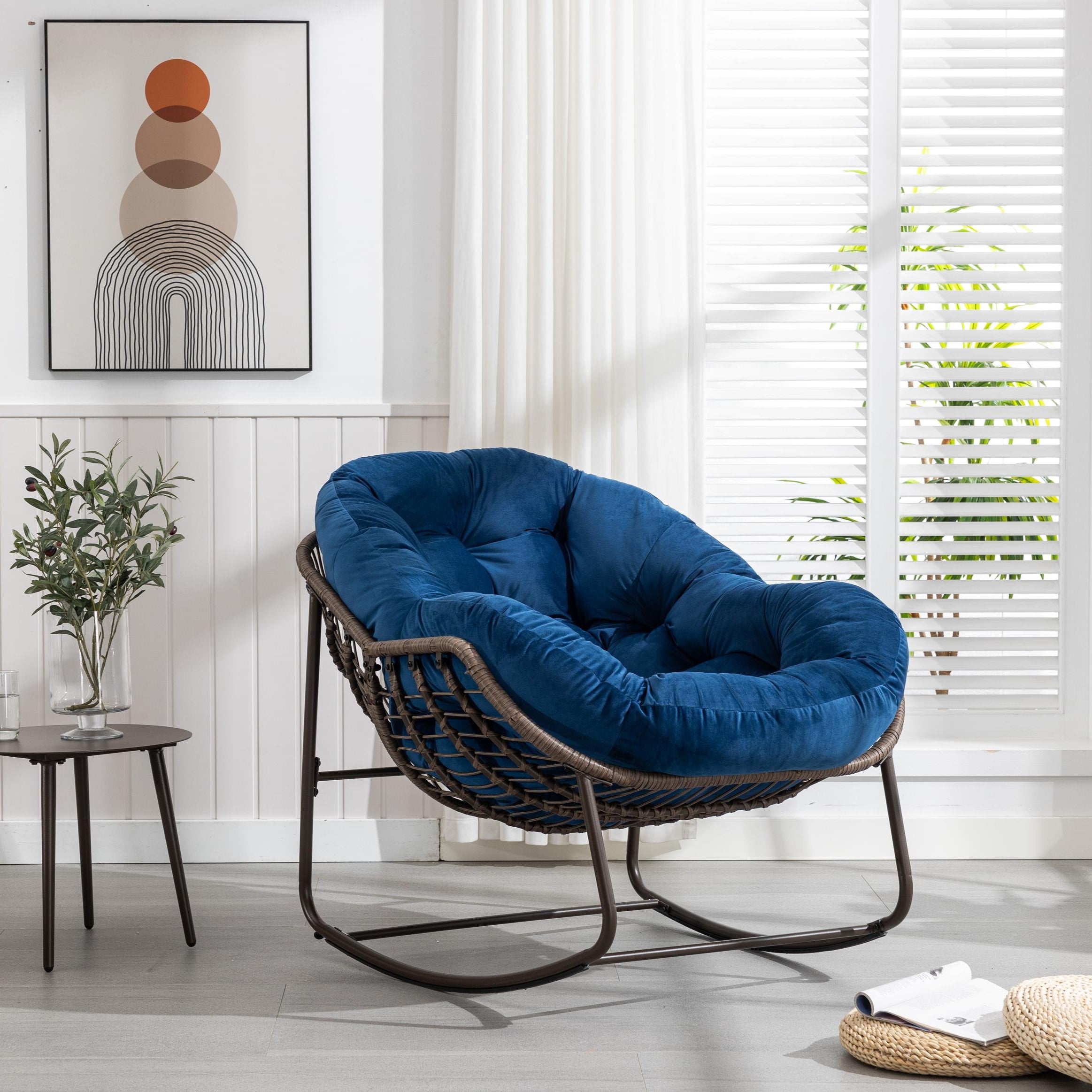 Outdoor Rattan Rocking Chair with Padded Cushion, Oversized Recliner for Porch, Patio, Garden, Steel Frame, 44" L x 37" W x 31.5" H, Navy Blue