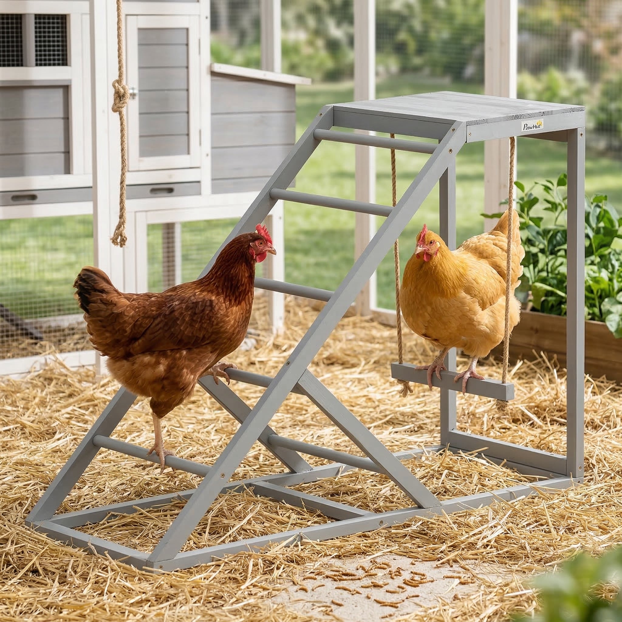 Chicken Activity Play for Healthy & Happy Animals, Swing Set with Chicken Perches & Hen Ladder, Chicken Coop Toy, Gray