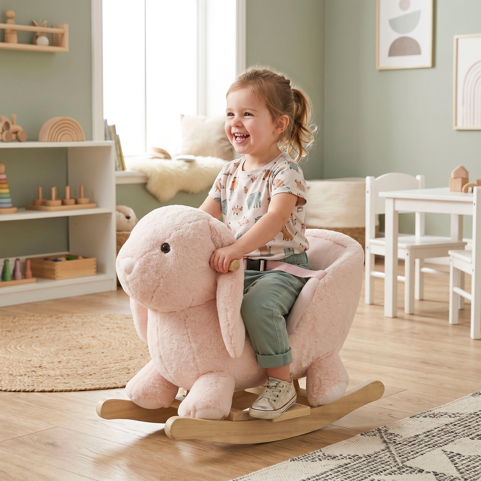 Rabbit Wooden Rocking Horse with Sound, Pink