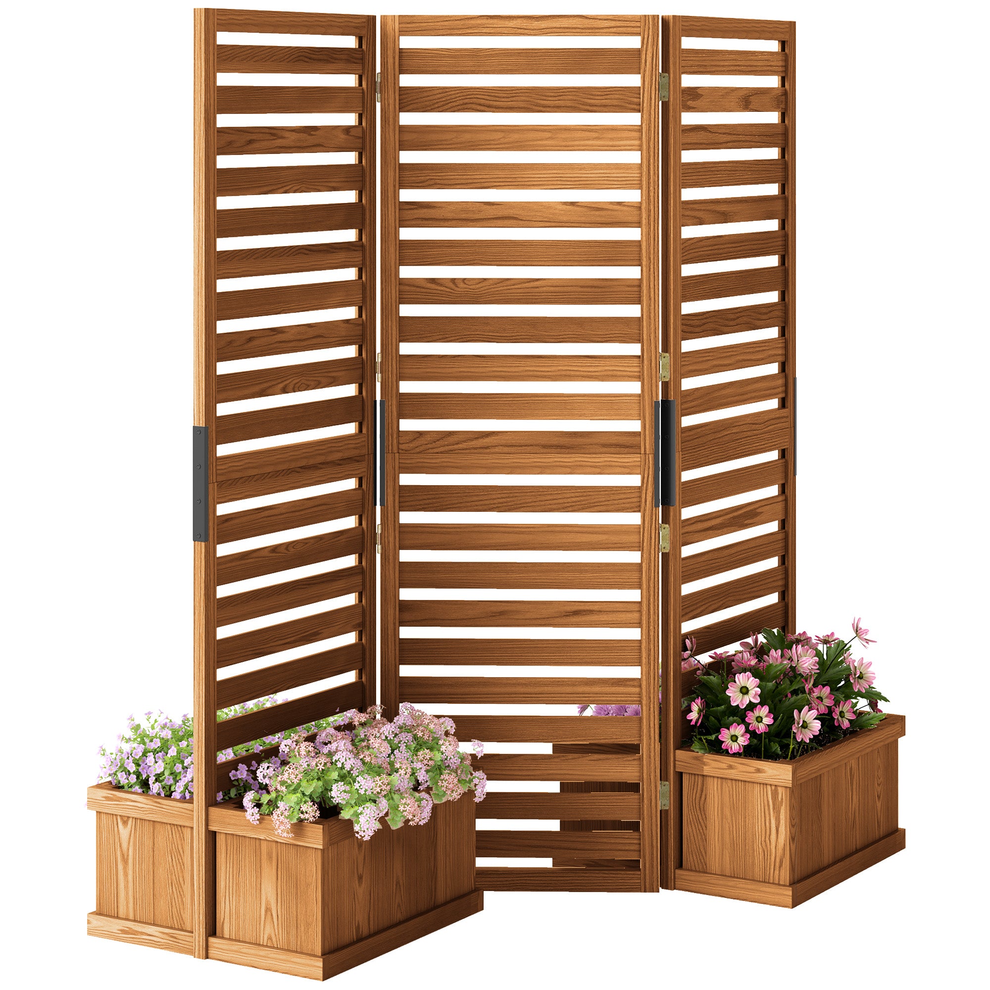 62.5" x 19" x 66" Wood Panel Trellis w/ 4 Planter Box Raised Bed for Garden Natural Wood