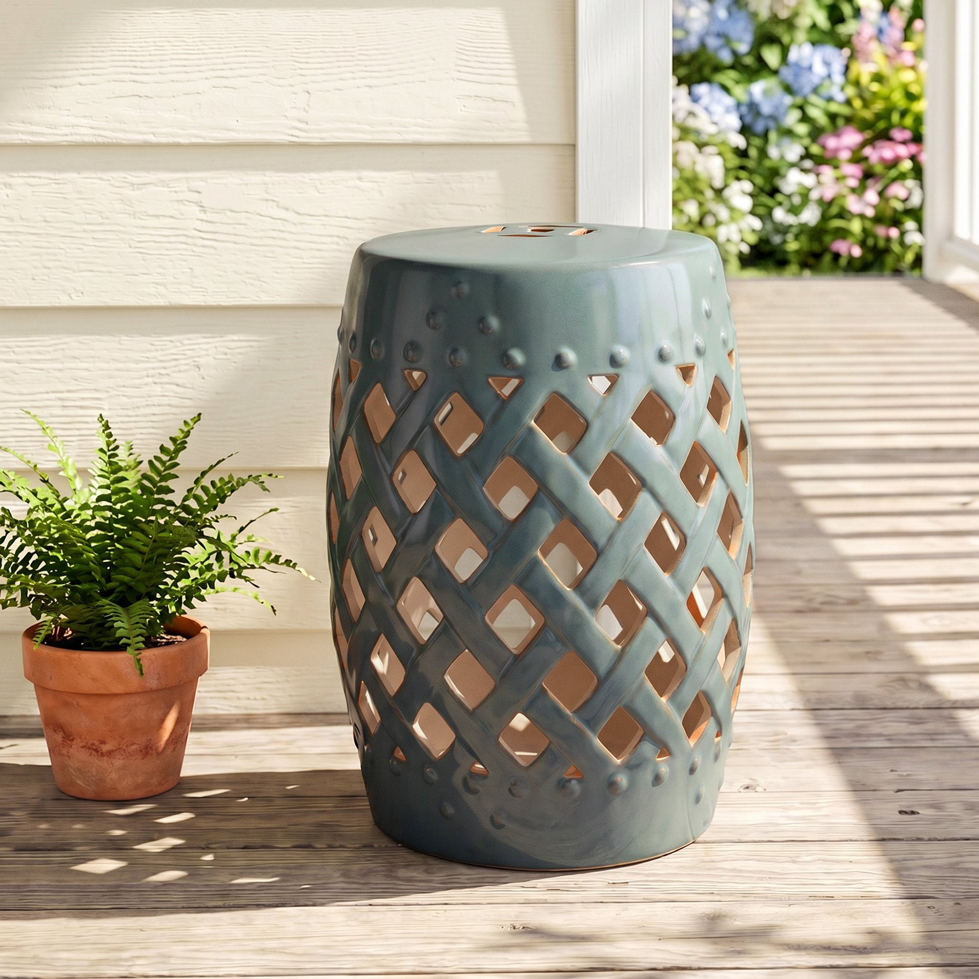 12.5" x 18" Ceramic Garden Stool with Woven Lattice Design & Glazed Strong Materials Decorative Outdoor Stool, Green