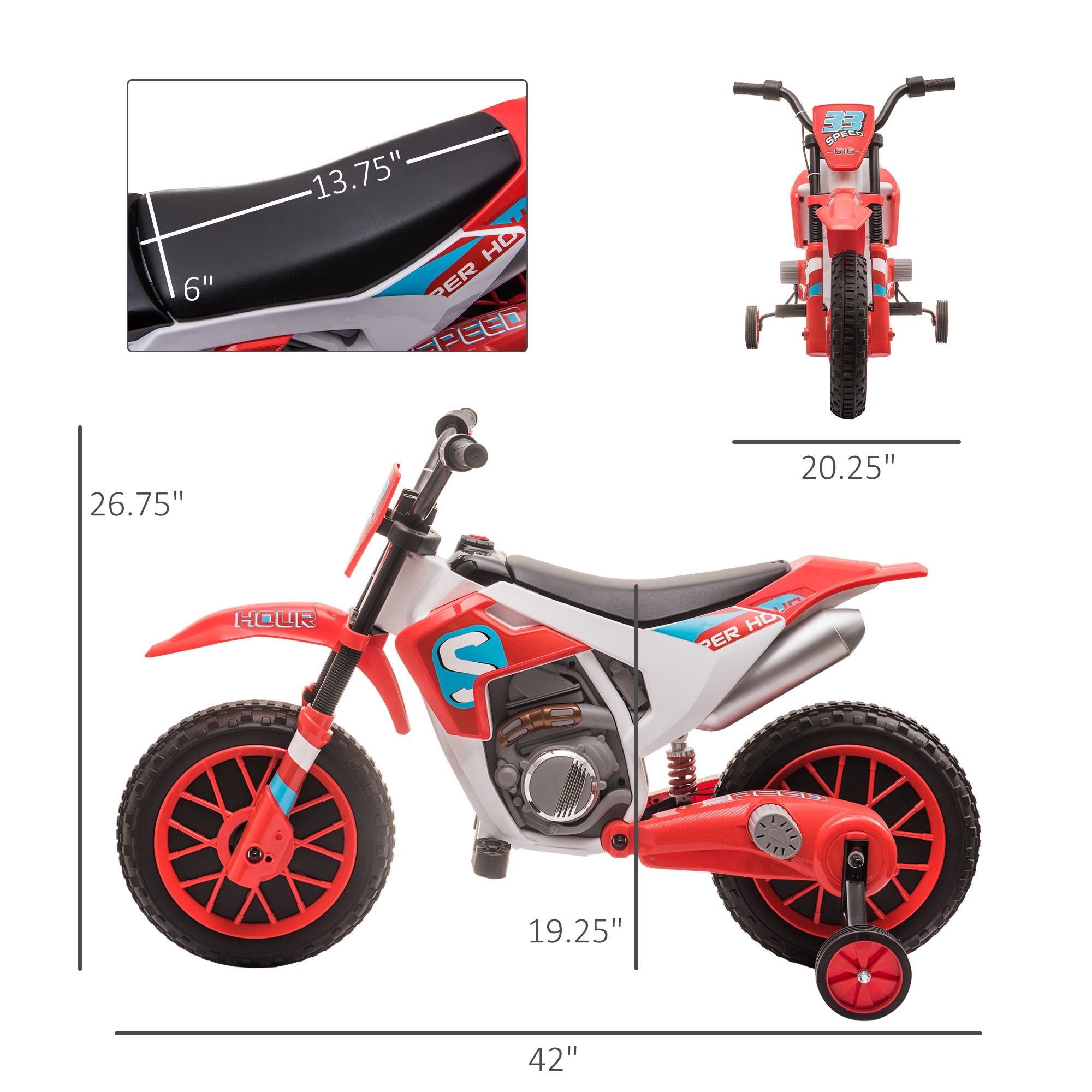 12V Electric Kids Ride On Dirt Bike Motorcycle Toy w/ Training Wheels, Red