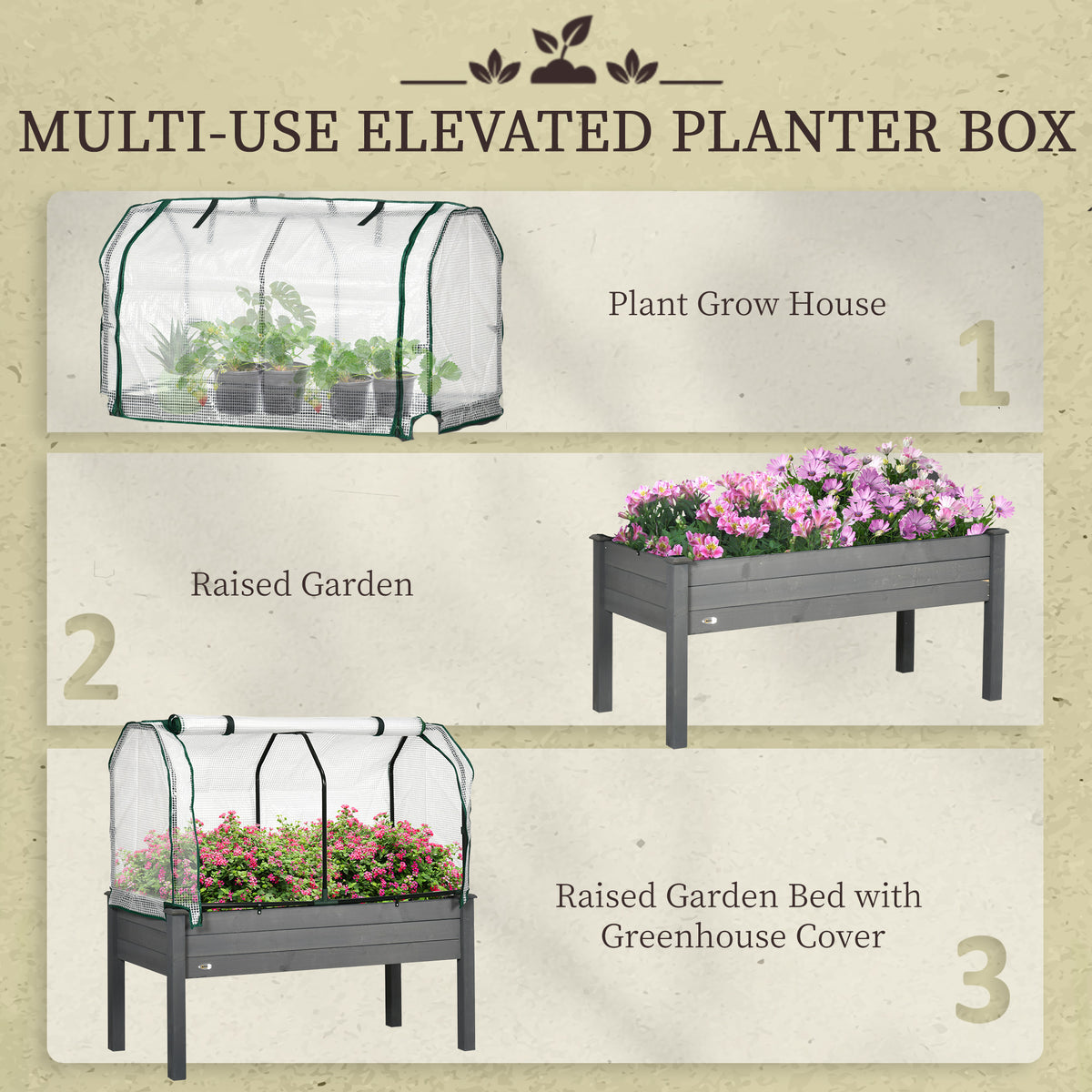 Raised Garden Bed with PE Greenhouse Cover Outdoor Planter Box for Herbs and Vegetables, 48 x 22 x 46 inch, Dark Gray