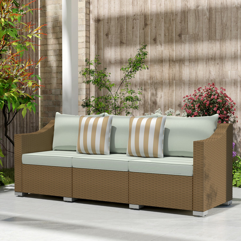 Rattan Wicker 3 Seater Patio Couch with Cushions, 2 Throw Pillows, Outdoor Furniture Rattan Sofa, Light Gray