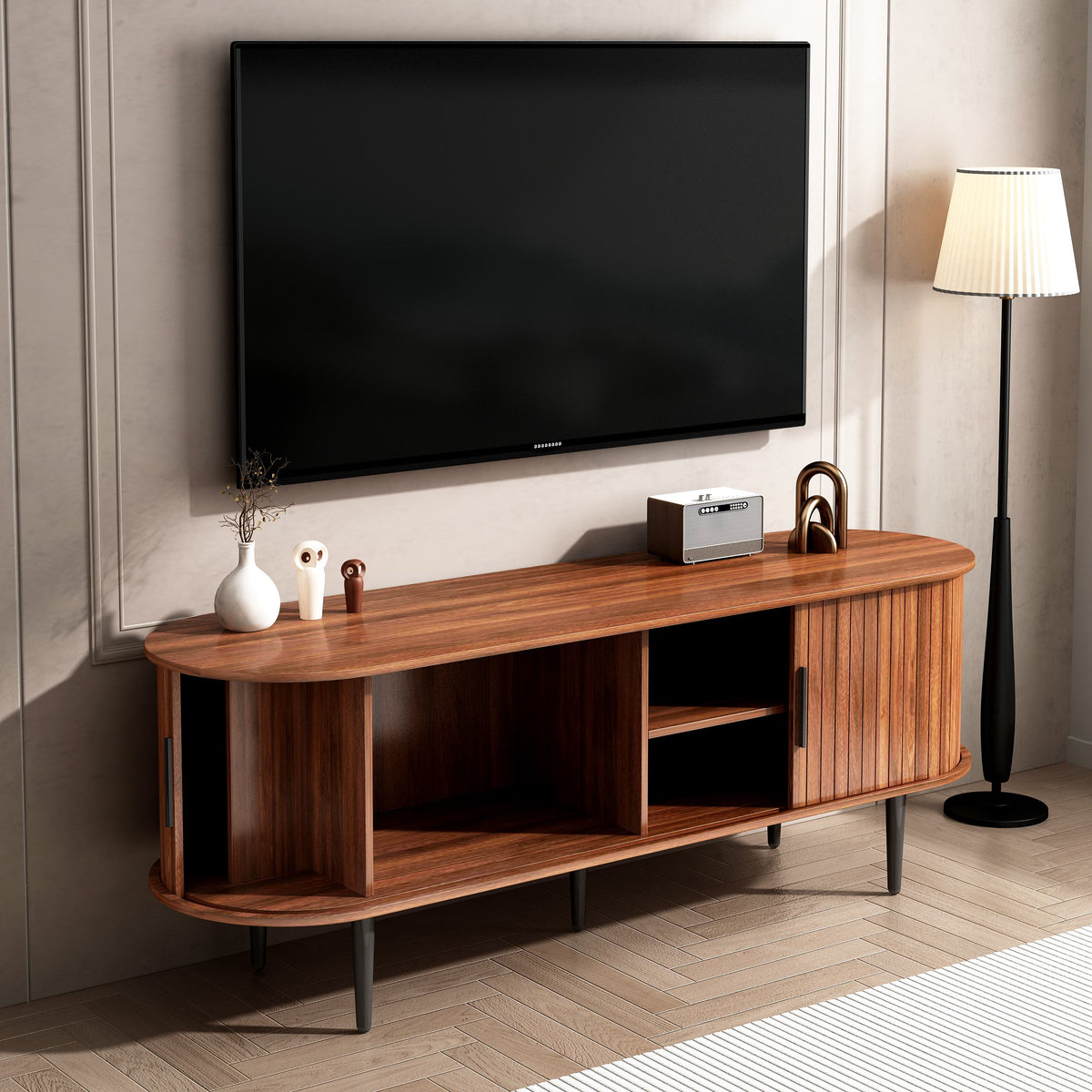 55" Modern TV Stand with Storage Compartment and Sliding Door, Gaming Entertainment Center with Cabinet, 55" L x 16" W x 21.5" H, Walnut
