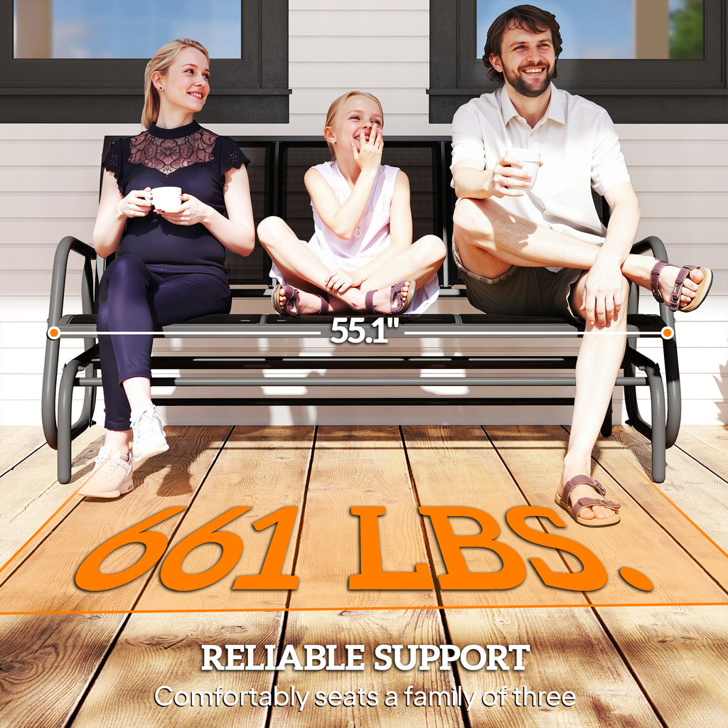 3-Person Outdoor Patio Glider Bench, Porch Glider Swing with 3 Seats, Breathable Mesh Fabric, Metal Frame, Black