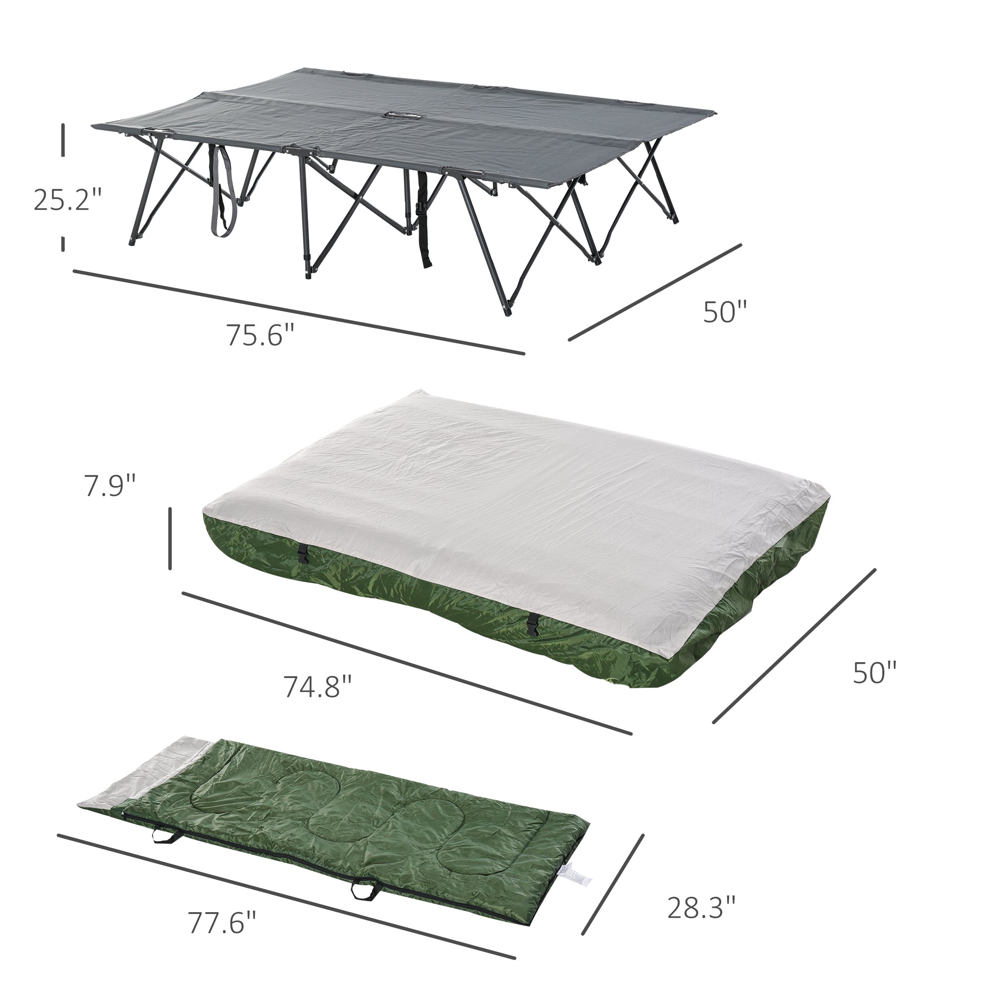 2-Person Folding Camping Cot Portable Outdoor Bed Set with Sleeping Bag, Inflatable Air Mattress, Comfort Pillows and Carry Bag, Soft and Comfortable for Outdoor Travel Camp Beach Vacation