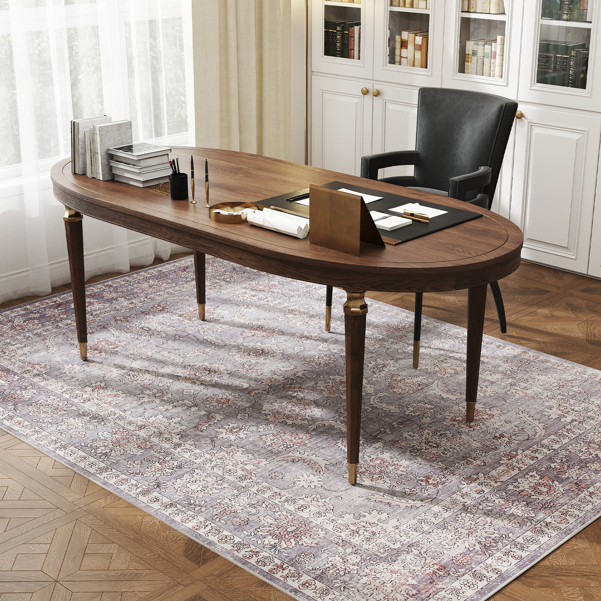Machine Washable Area Rug 5x7, Non-Slip Traditional Flower Print Floor Carpet for Living Room, Bedroom, Grey and Brown