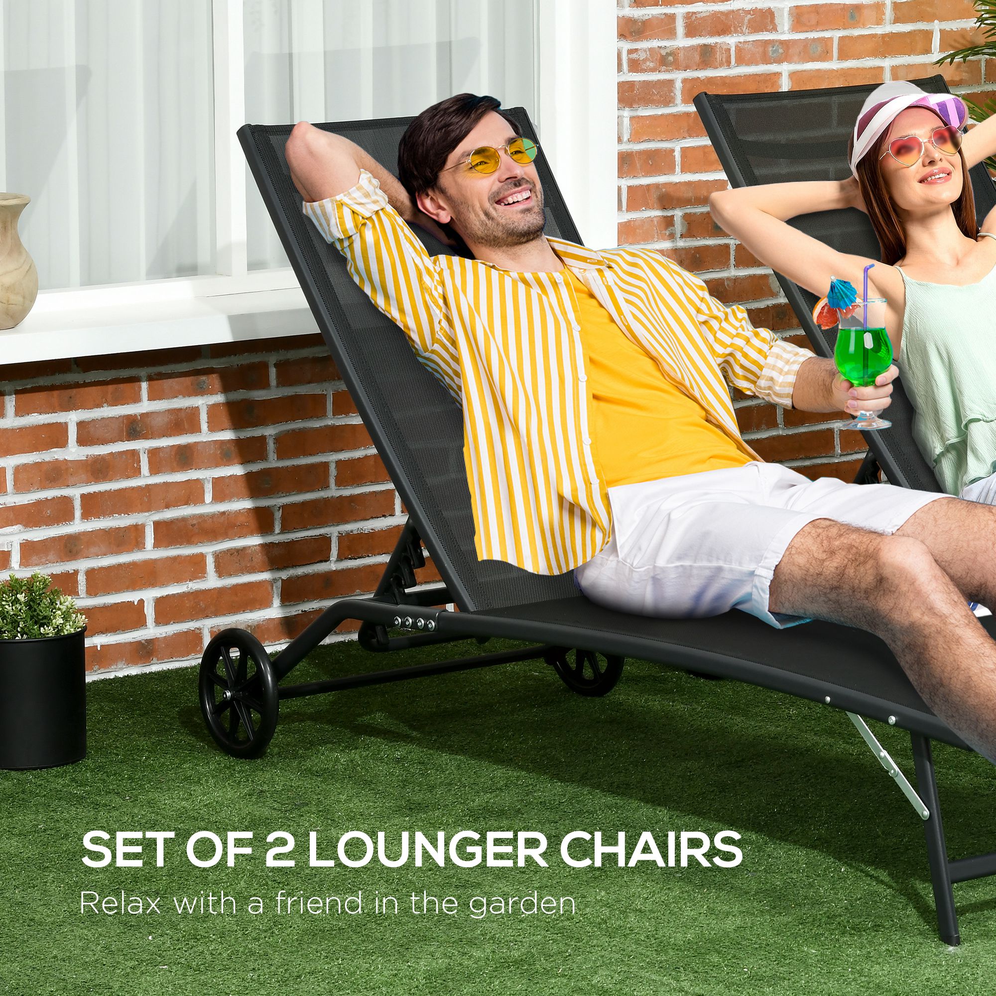 Chaise Lounge Outdoor, 2 Piece Lounge Chair with Wheels, Tanning Chair with 5 Adjustable Positions for Patio, Beach, Yard, Pool, Black